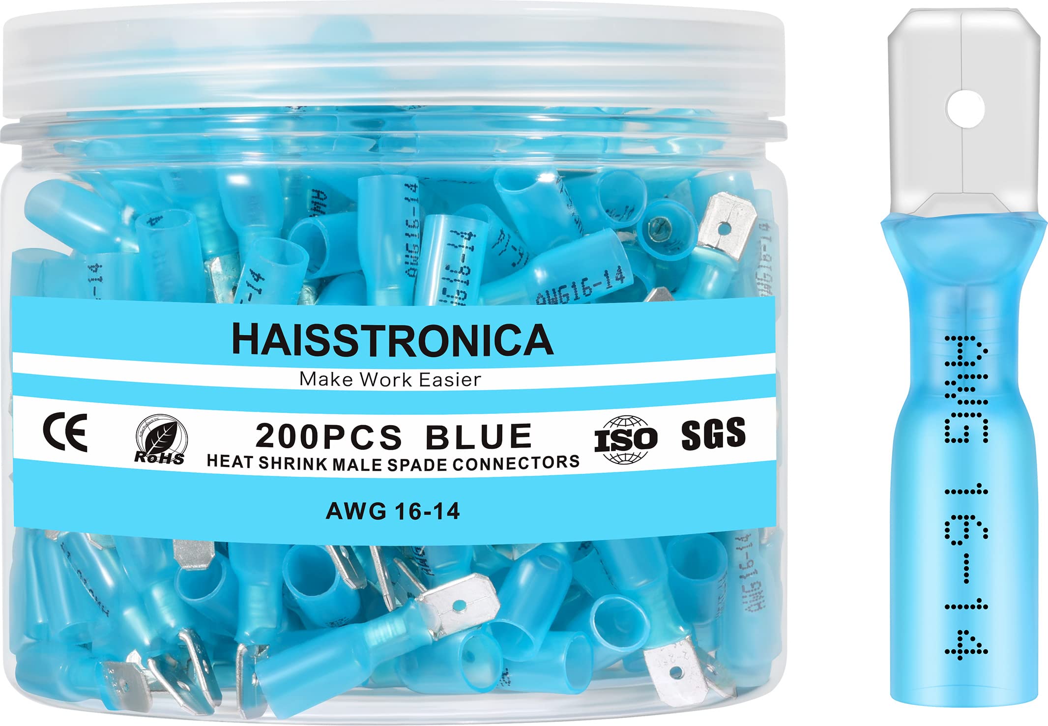 Haisstronica Lot de 200 connecteurs mâles thermorétractables de calibre 16-14 Bleu