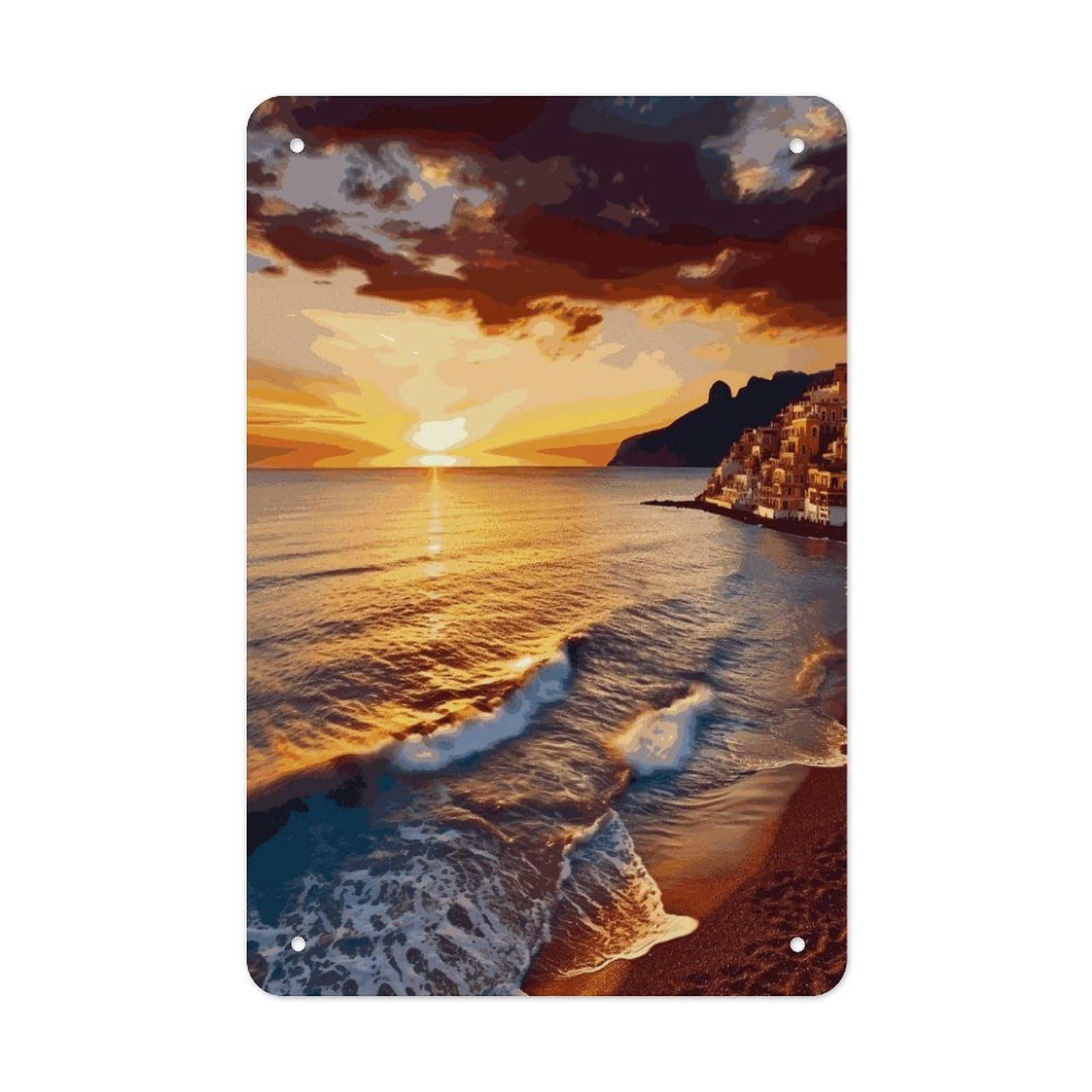 LDGSUPH Seaside Sunset Wall Art Prints Folded Edge Iron Sheet Painting with Holes for Wall Prints Decorative Picture Metal Signboard Decor Painting for Outdoor Indoor Wall Decor