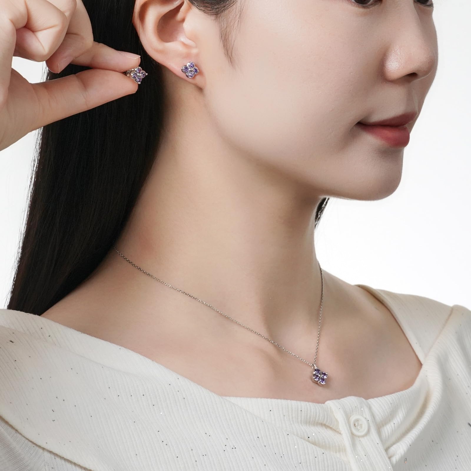 Amethyst Schmuckset Silber 925 Damen Kleeblatt Anhänger 45cm | Hypoallergen,Amethyst Halskette und Ohrringe Set,Februar Geburtsstein,Valentinstagsgeschenke,Tägliches Tragen,5A Zirkon