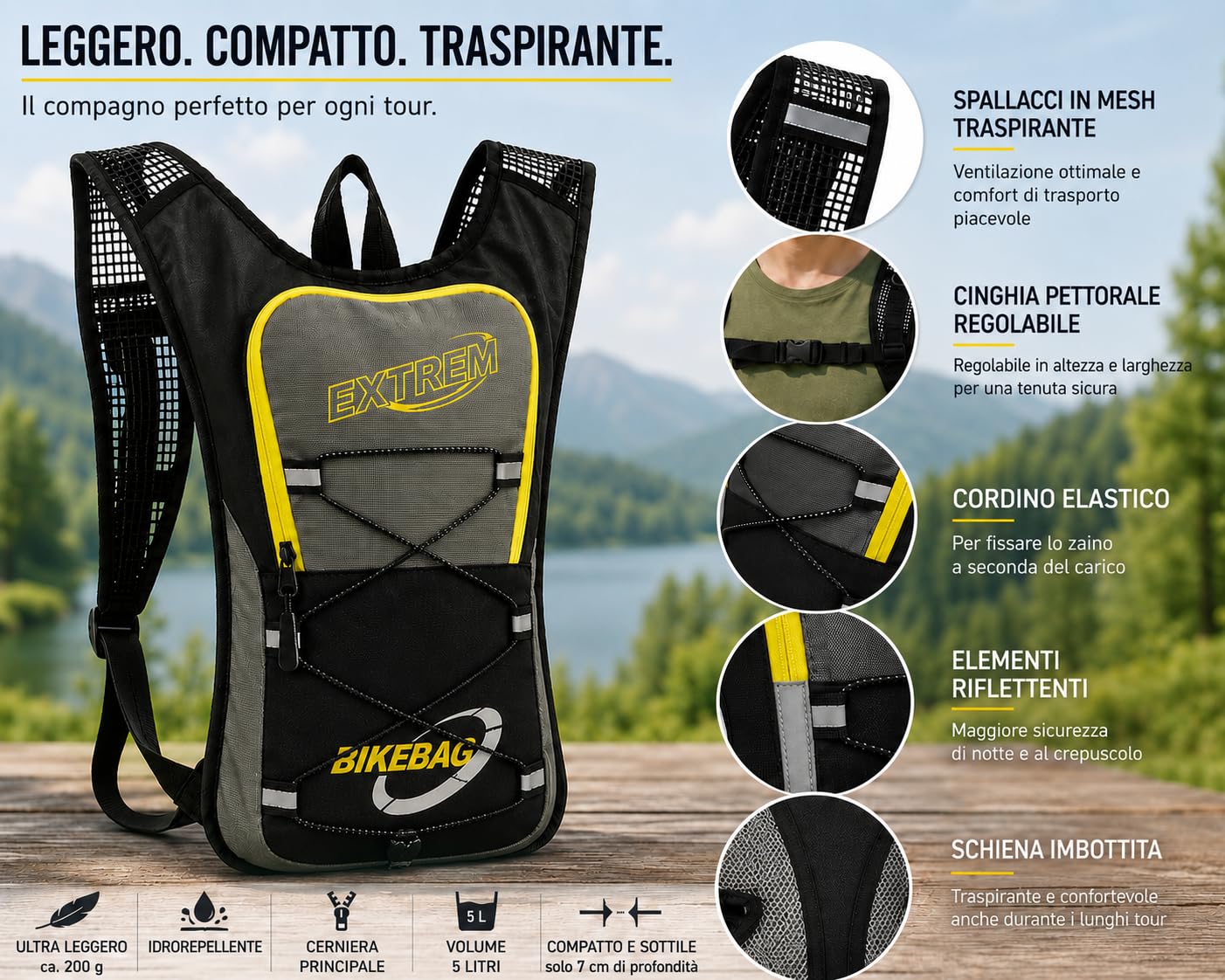 BAG STREET Zaino Bici Ultraleggero 230 g – Zaino Trekking ed Escursionismo con Cinghia Pettorale Regolabile per Outdoor e Sport – 5 Litri