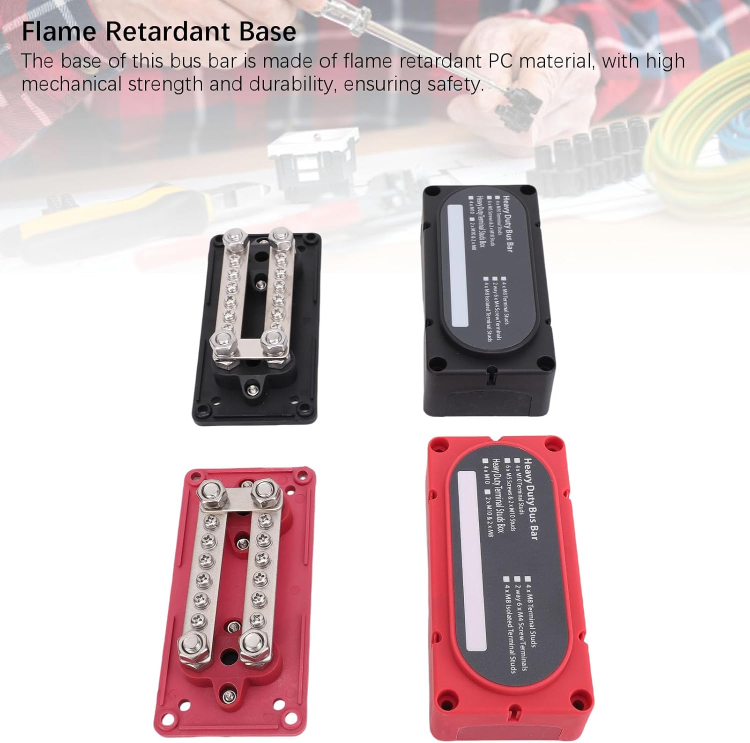 FTVOGUE Bus Bar 48V 150A Power Distribution Block with M8 Studs & Flame Retardant Base, 12 Screw Terminals for Secure Wiring in Automotive Marine RV DC Systems