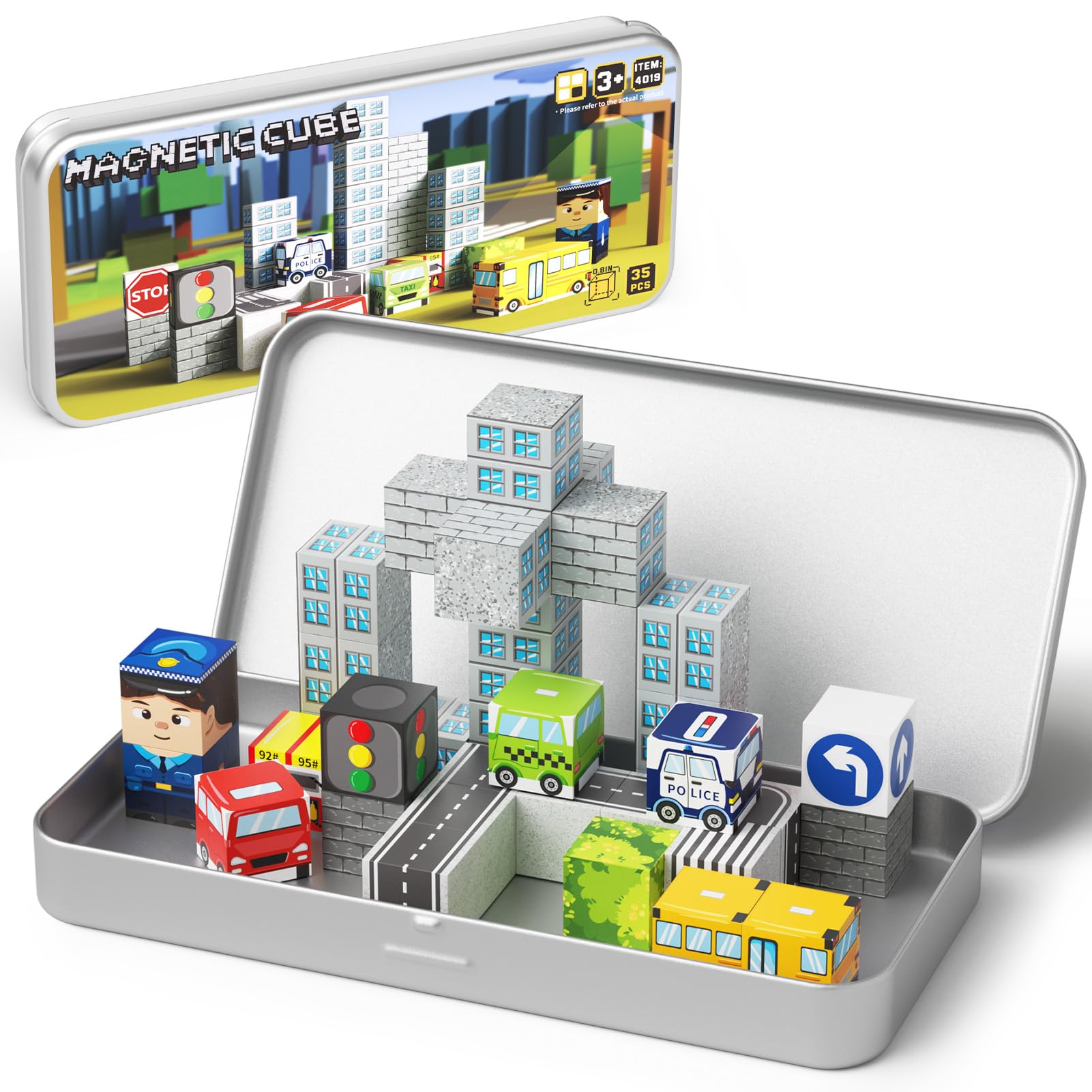 City-Themed Magnetic Building Blocks - Portable & Travel-Friendly Set for Ages 3+, STEM Learning Construction Kit with Storage Box
