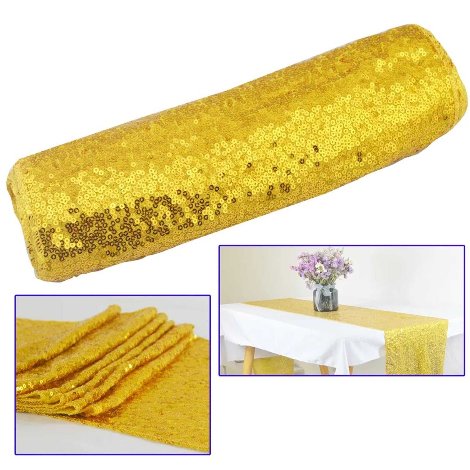 Parchemin de Table Paillette (5pcs/10pcs) Embroidery Sequin Shiny Table Runner for Christmas Birthday Shower Dinning Table Cover Wedding Table Decoration(Gold,30X140CM_5PCS)
