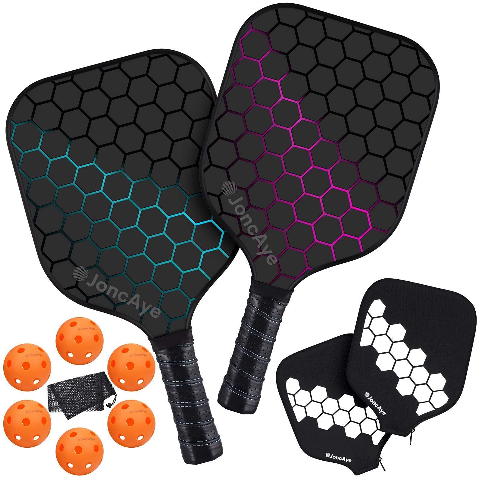 Pickleball Paddle Set of 2 with 8 Indoor Balls 2 Outdoor Balls 1 Pickleball Bag, Lightweight Pickleball Rackets, JoncAye Pickle-Ball Paddle Set of 2 for Adults, Men Women, Pickleball Gift