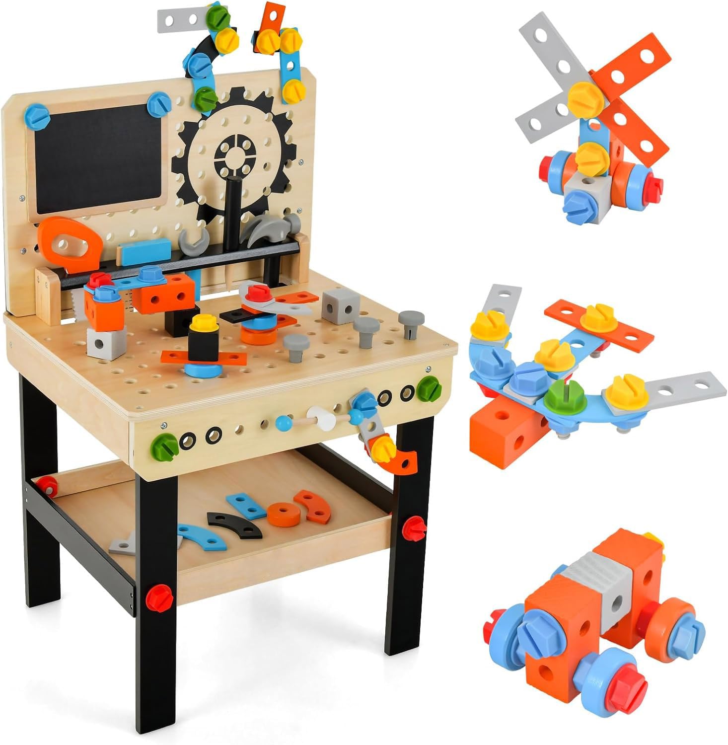 DREAMADE Werkbank Kinder, Werkzeugbank für Kinder aus Holz mit 6 Werkzeugen und 75 Zubehör, Werkzeug Spielzeug Set mit Kreidetafel und hängendem Werkzeughalter, Werkbank für Kinder ab 3 Jahren