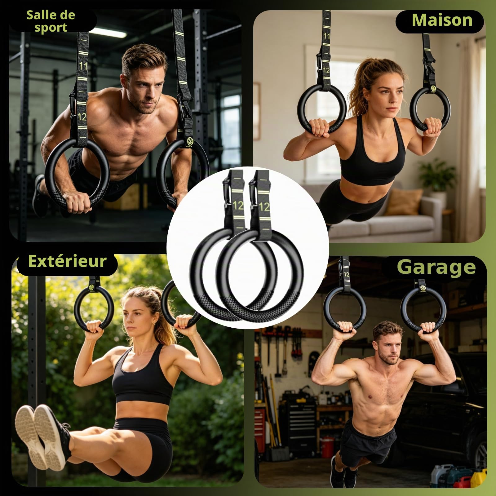 QUOLIX Anneaux Gymnastique ABS, Équipement d'Anneaux de Gymnastique Antidérapants avec 3M Bretelles Réglables pour Maison et l'extérieur, Anneaux d'exercice pour Remise en Forme par Gravité,Crossfit