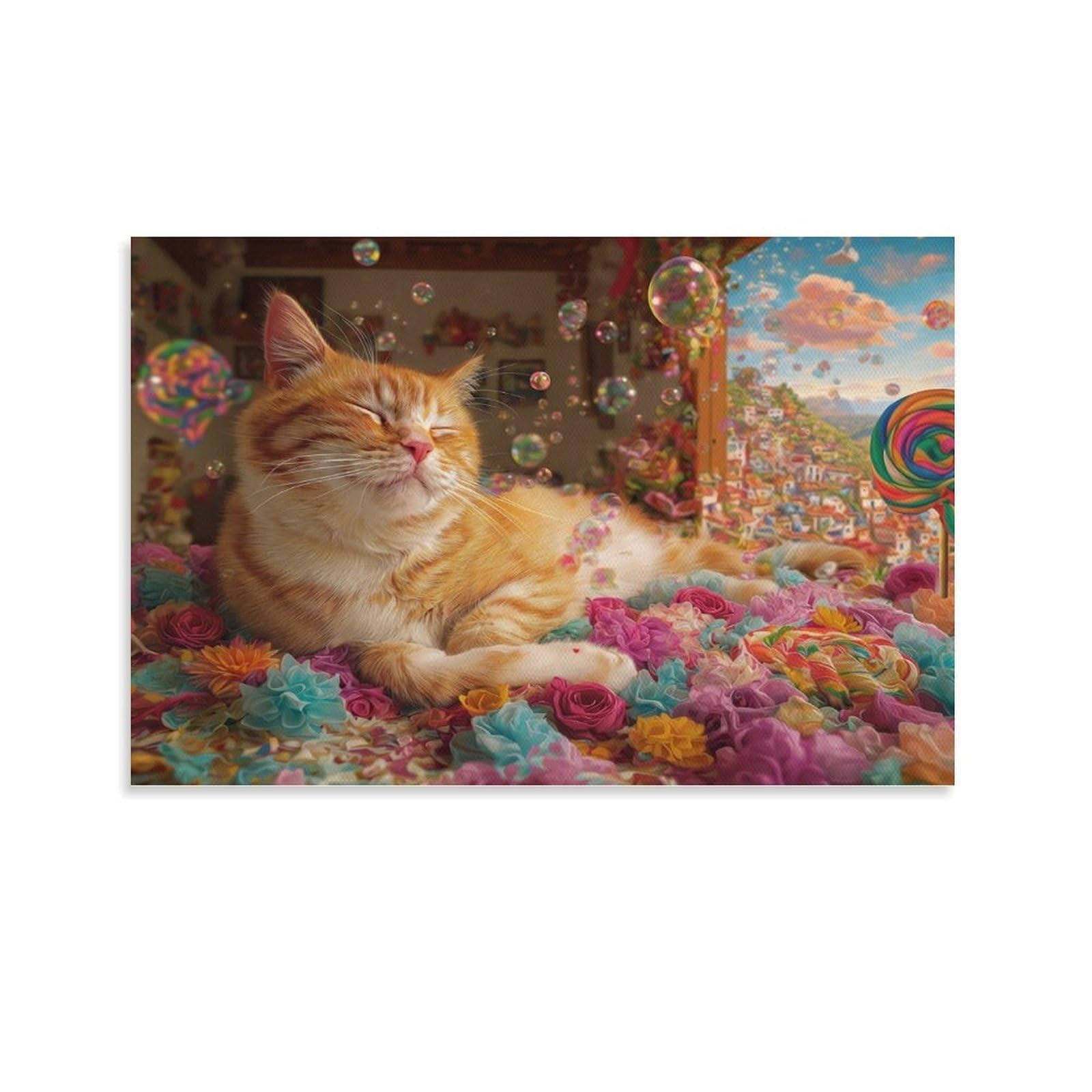 CPLVKWRQJ Cute Cat Dreaming Individual Ginger Cat Colorful Yarn Candy Bubbles Wall Art Decor - Kitchen Removable Canvas Wall Art Multi-Purpose Focal Point 20x30inch(50x75cm)