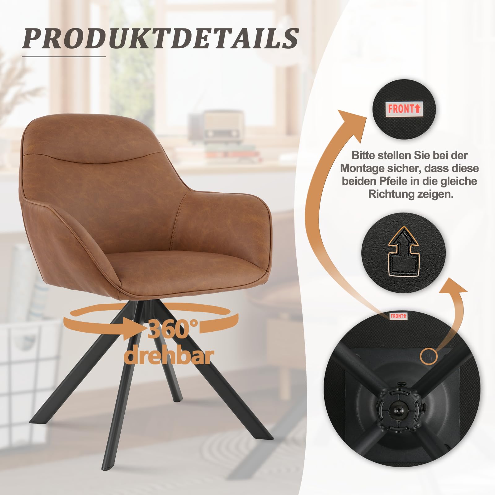 Esszimmerstühle Drehbar 6er Set mit Armlehne, 360° drehbar, Polsterstuhl Kunstleder, Drehstuhl Esszimmer, Küchenstuhl mit Metallbeine für Esszimmer, Küche, Braun