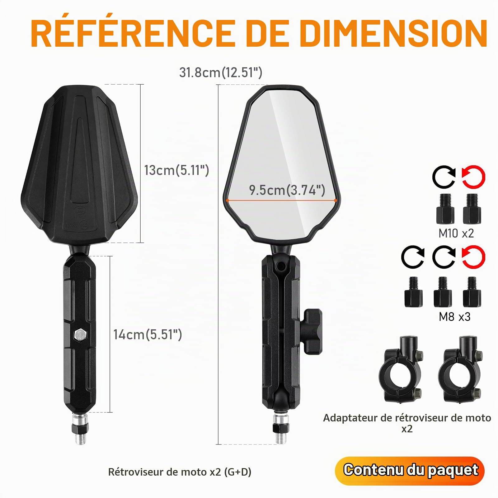 DREAMIZER Rétroviseur moto Adventure, E24 Homologués 8mm 10mm Rétroviseurs latéraux moto, Rétroviseur de guidon 22mm 7/8" Compatible avec RZR YFZ 390 790 890 adv ATV Quad Enduro Dirt Bike Snowmobile