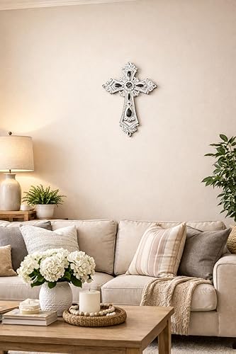 Miniatura 3 de Comfy Hour Faith and Hope Collection - Cruz de pared turquesa hueca, color blanco, estilo antiguo