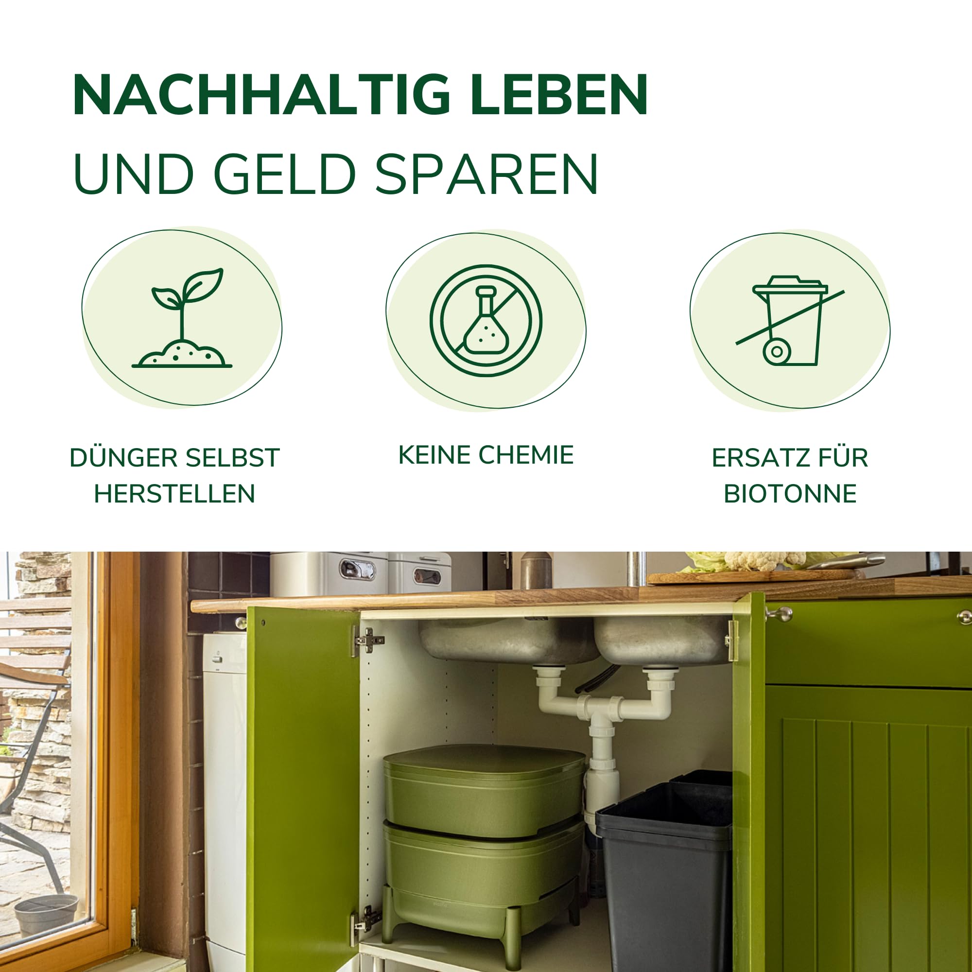 Natursache Wurmkomposter kaufen, Klein & Indoor, Wurmkiste für Balkon & Garten, Starterset + Zubehör (Mit Würmer + Zusatzetage, Grün)