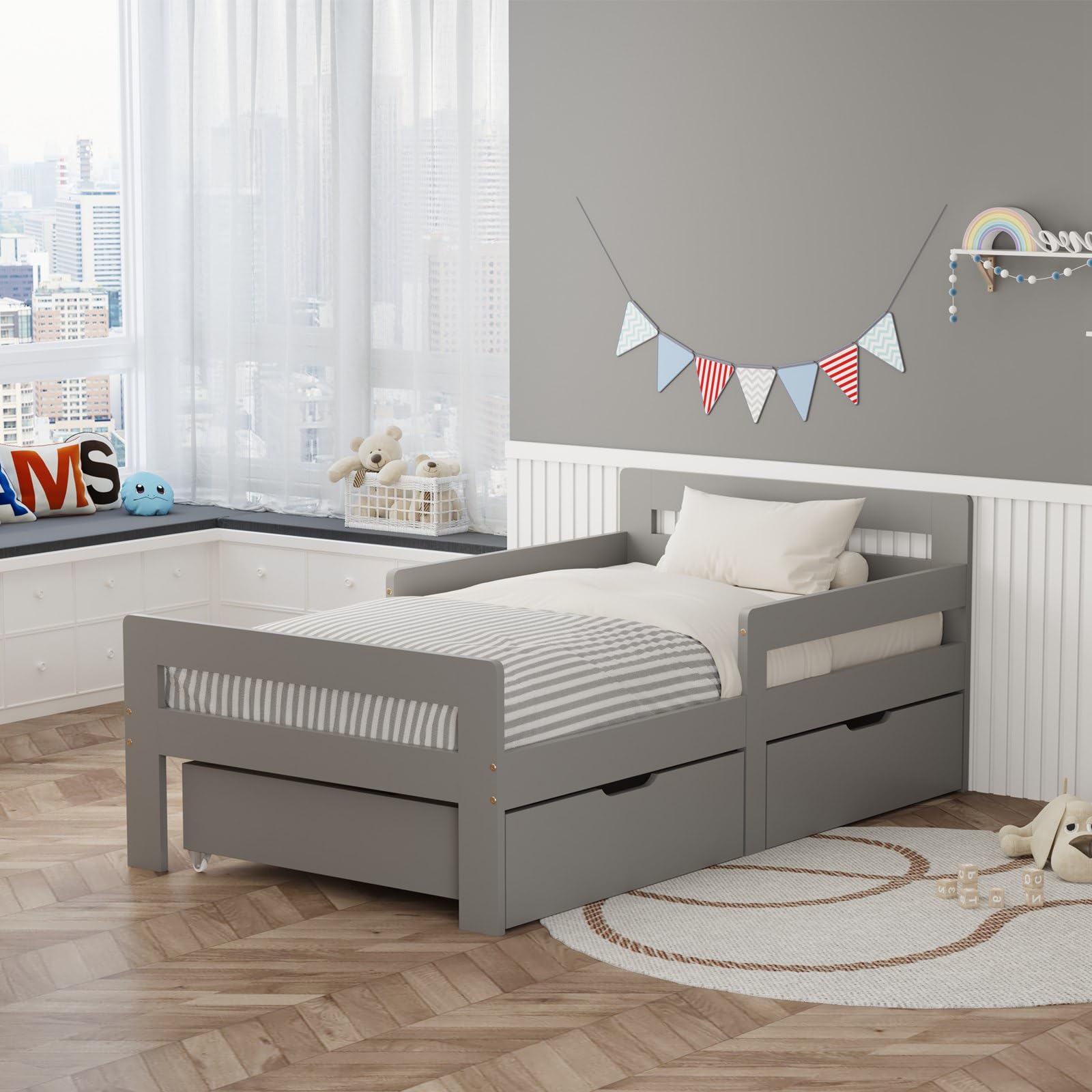 WestWood Wooden Toddler Bed Frame Only with Storage Drawer, Montessori Floor Bed for Kids, Single Bed with Safety Bed Rail Guard, Junior Boys Girls Children Bed, Grey