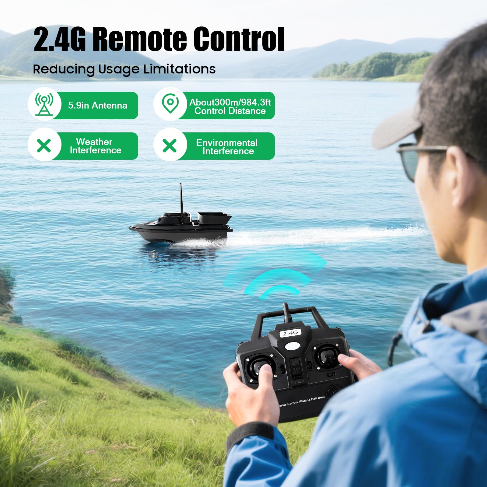 Barca per esche da pesca, 5200 mAh, 300 m, radiocomandata, 2 camere per esche | Batteria da 5200 mAh con portata fino a 300 m e 2 camere per esche per un'esca precisa durante la pesca