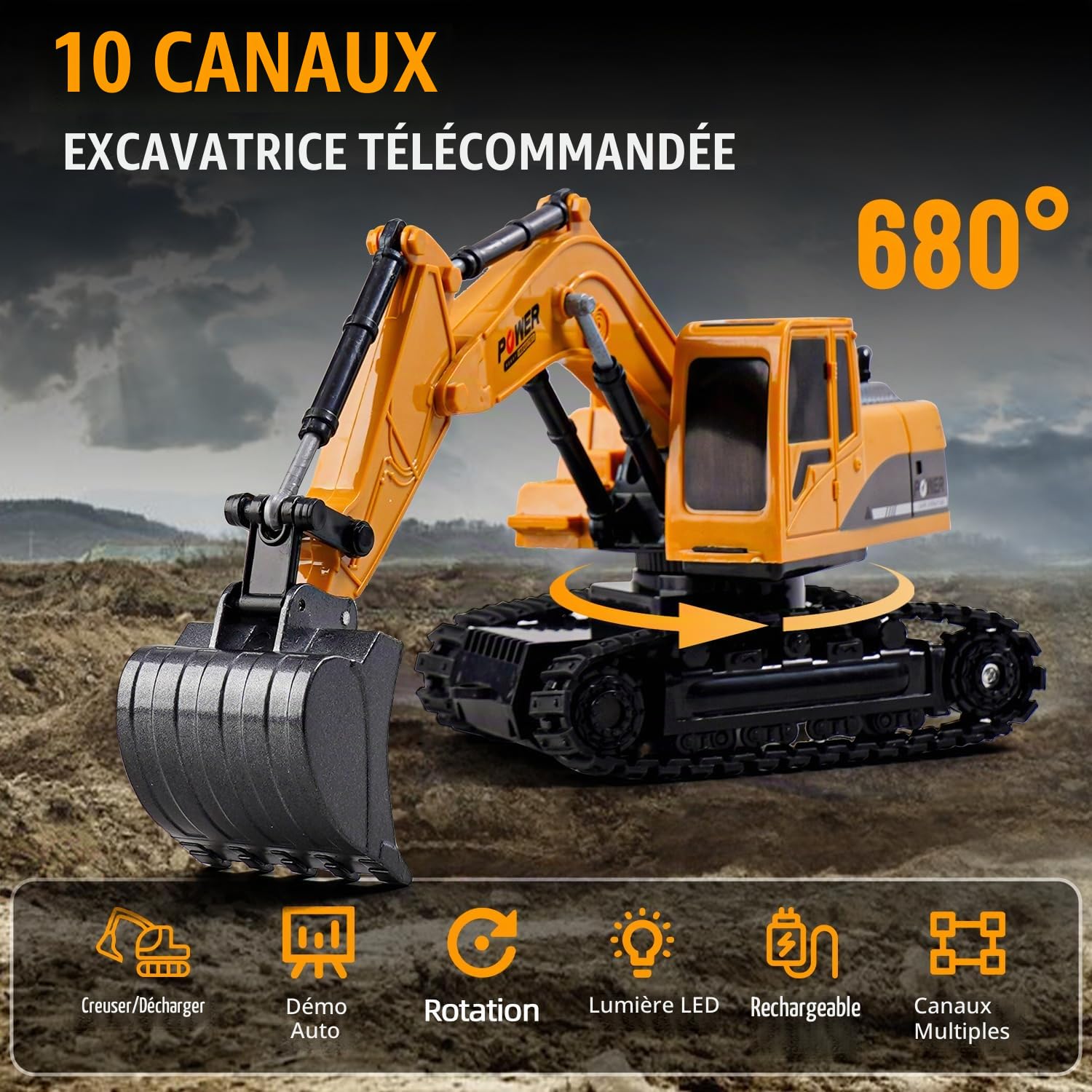 Pelleteuse RC 1:14 – 15 Canaux, 680° De Rotation, 3 Moteurs, Sons Et Lumières