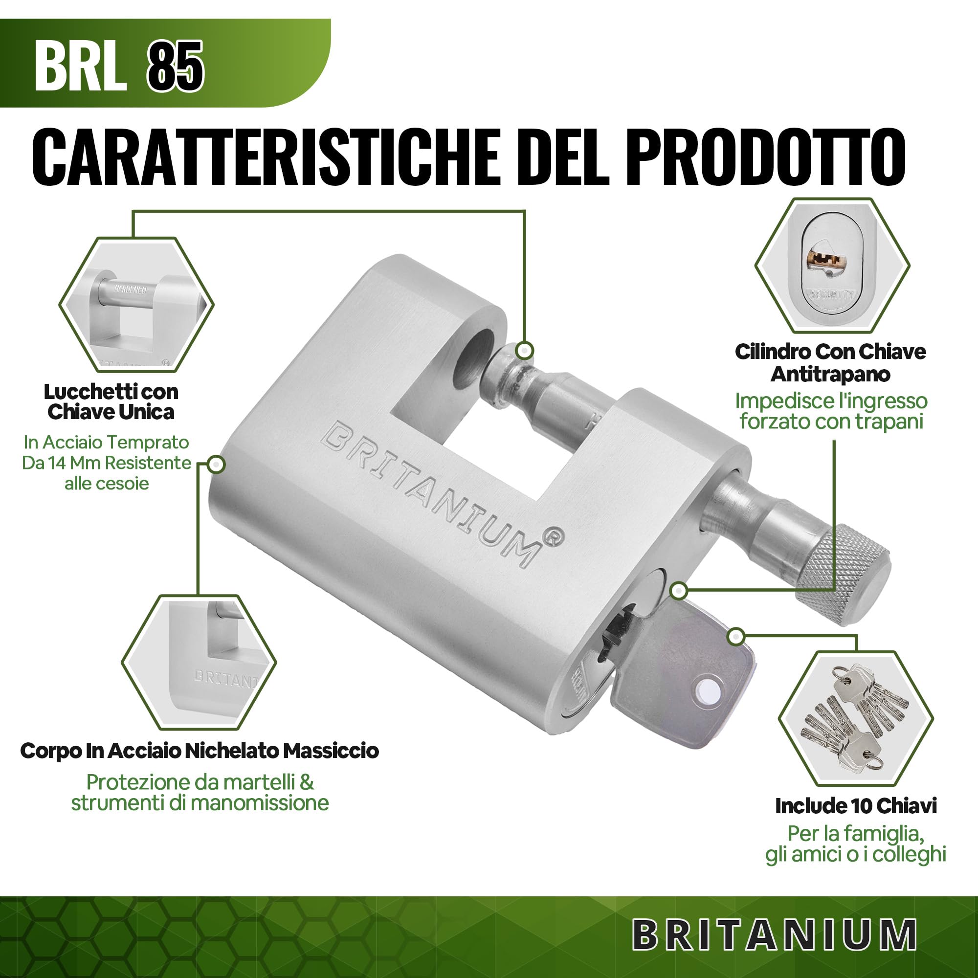 BRL85 Lucchetto Antiscasso Corazzato - Serratura per Cancello Esterno, Garage e Container - Lucchetto Monoblocco con 10 Chiavi, Alta Sicurezza per Magazzino e Saracinesca Blindata