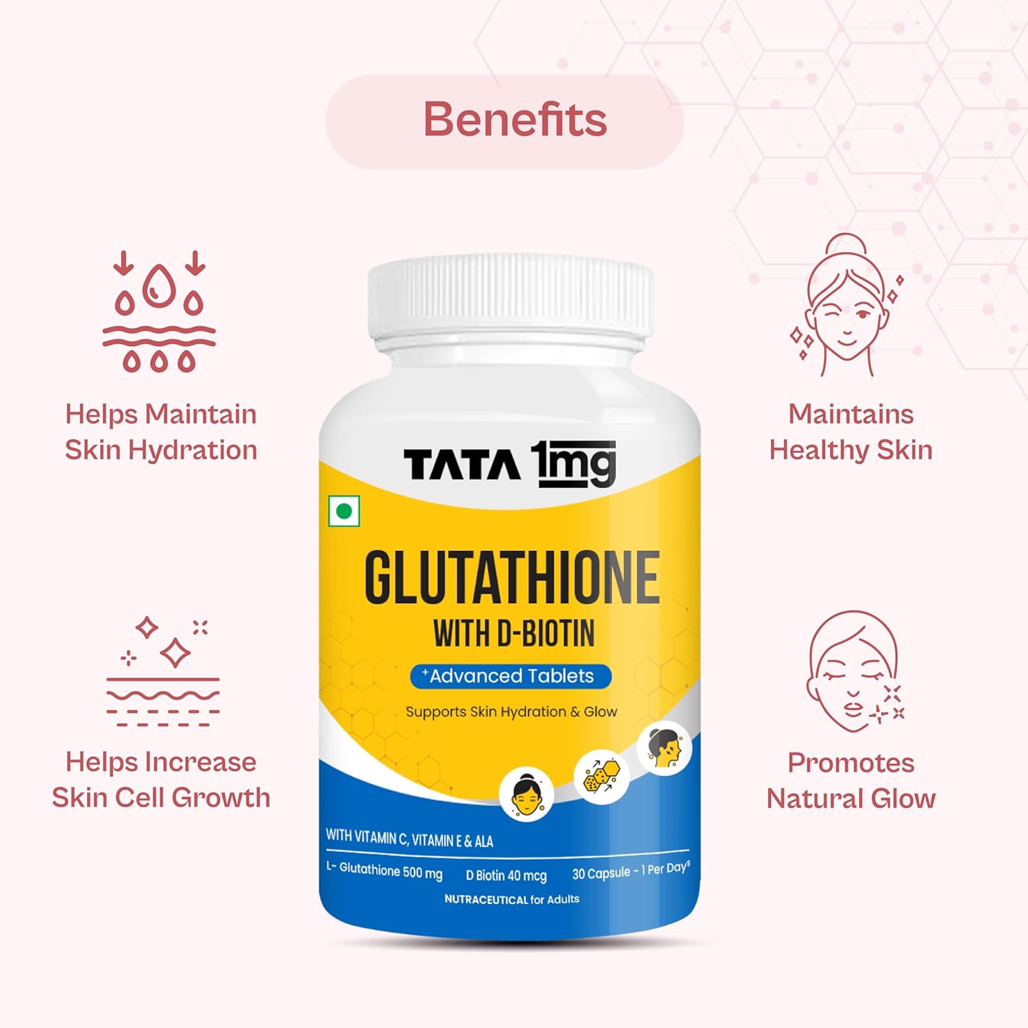 Tata 1mg glutathion advanced capsules with vitamin C, E, biotin and grape seed extracts, skin glow, hydration and radiance, pack of 30 tablets Tata 1mg glutathion advanced capsules with vitamin C, E, biotin and grape seed extracts, skin glow, hydration and radiance, pack of 30 tablets