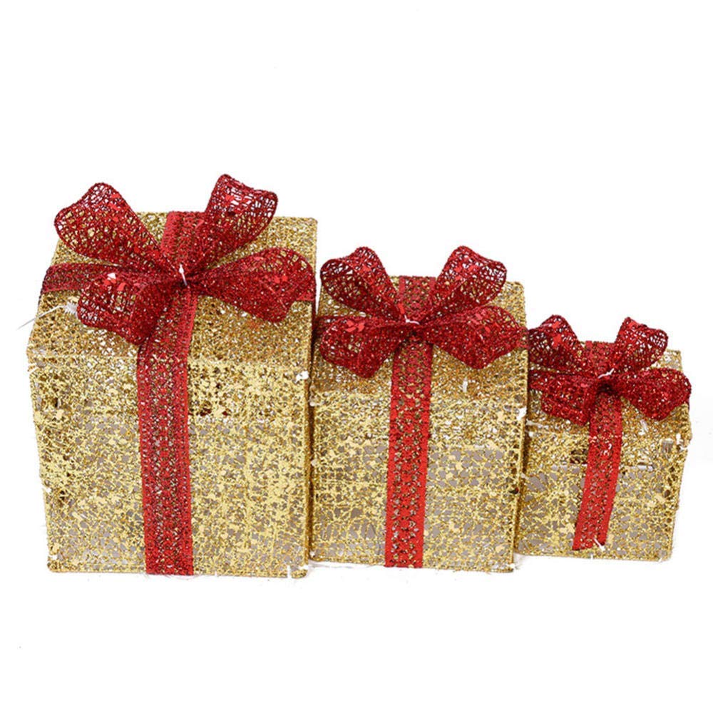 Cajas de regalo para Navidad, Juego de 3 cajas de regalo LED con iluminación decorativa navideña, hierro con lazo, juego de paquetes navideños cálidos(Gold)