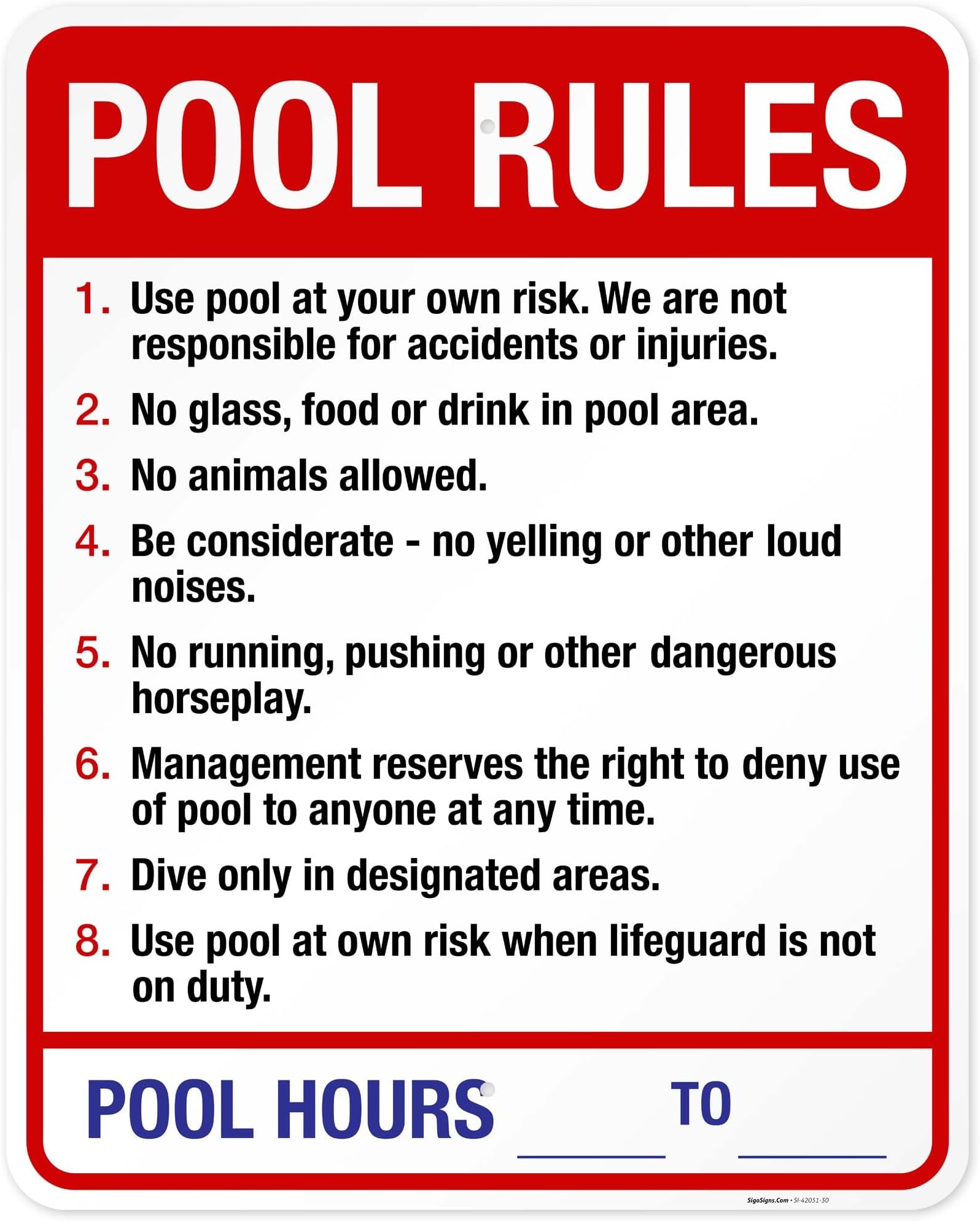 Pool Rules Sign, Red Pool Sign, 24x30 Inches, Rust Free .063 Aluminum, Fade Resistant, Indoor/Outdoor Use, Made in USA