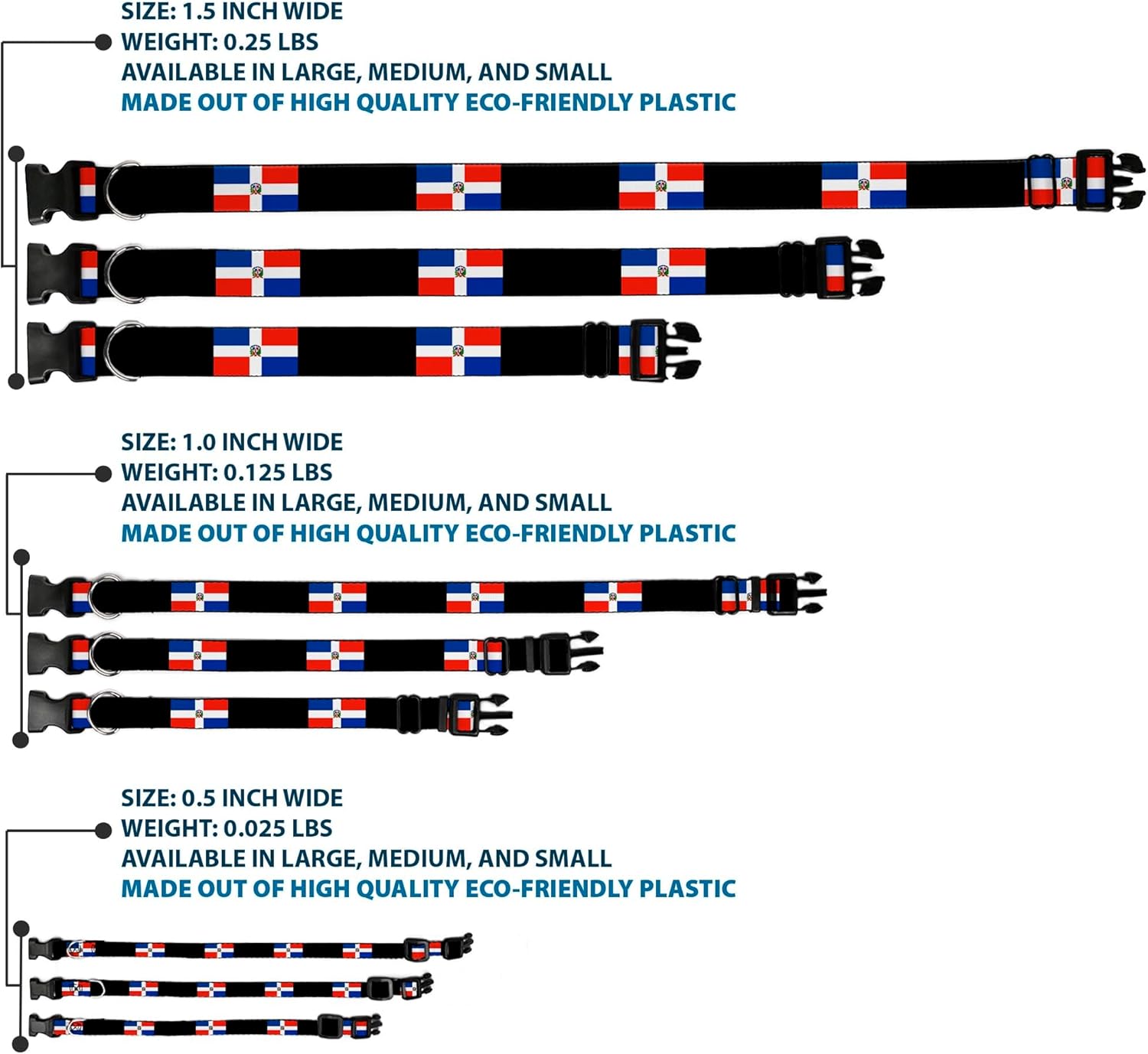 Buckle-Down PC-W30498-WM Dominican Republic Flags/Black Block Plastic Clip Collar, Wide Medium/16-23"