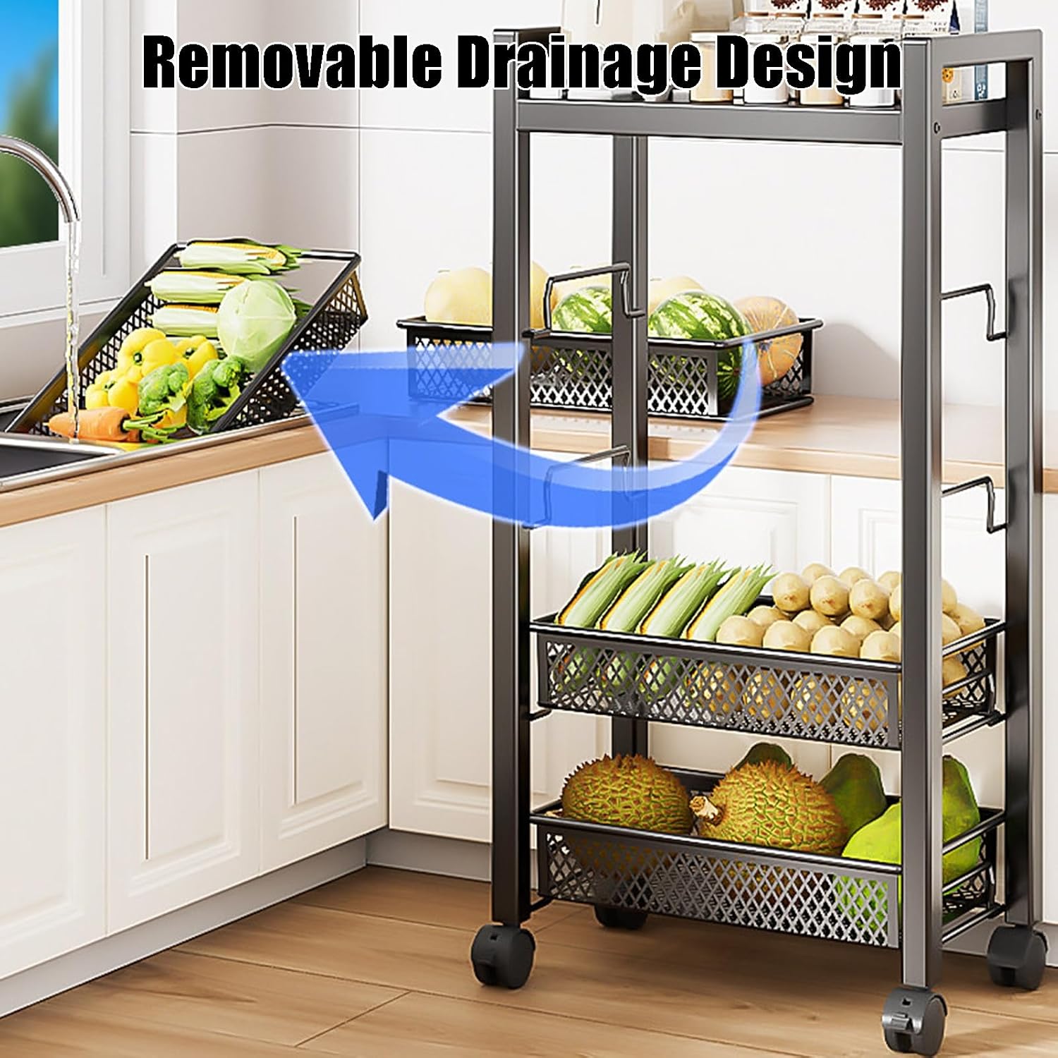 5 Tier Kitchen Fruit Storage Cart with Flat Layers and Mesh Basket, Narrow Vegetable Storage Rack on Wheels for Small Space, Metal Steel Utility Cart Shelving Unit