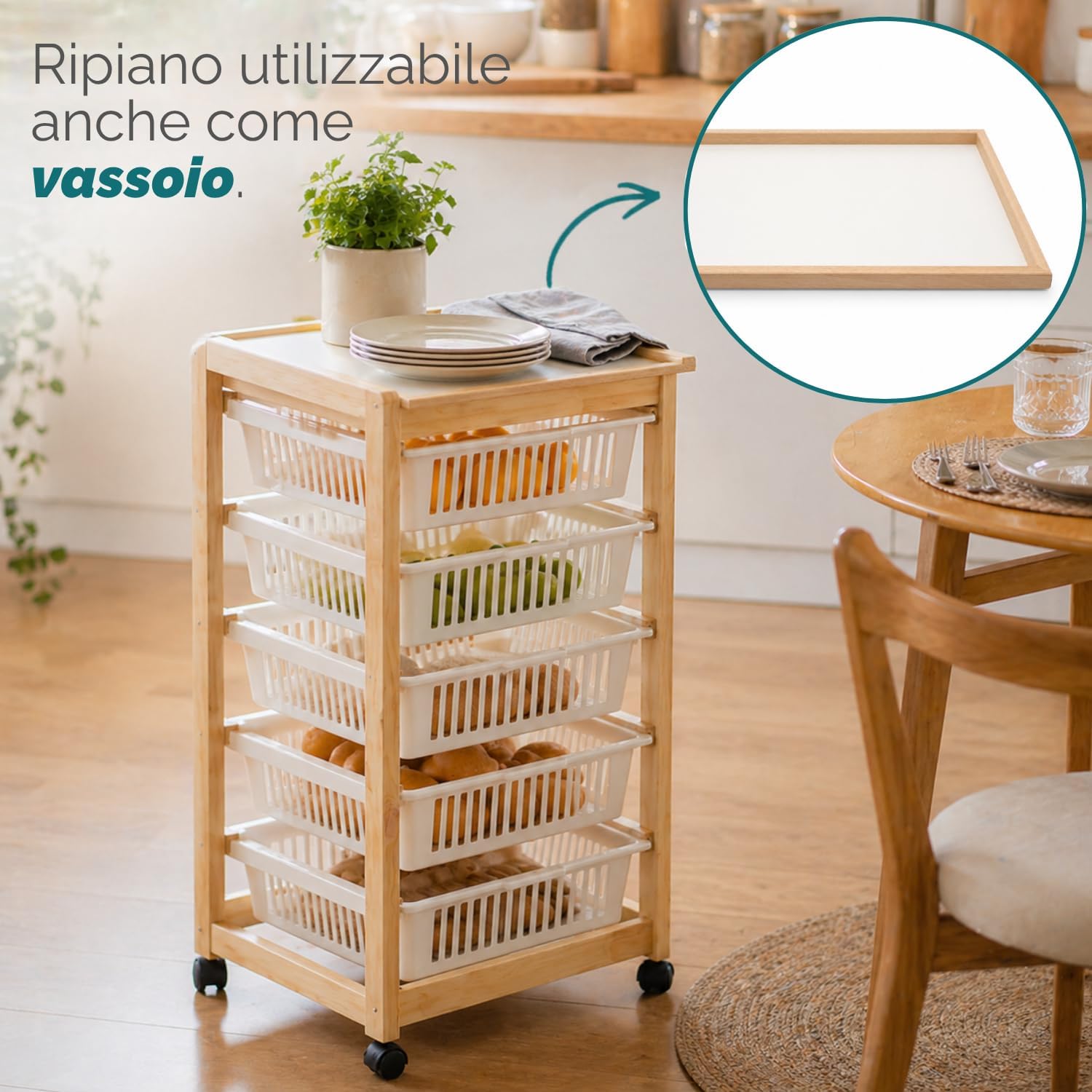 Paluplus Carrello per verdure a 5 ripiani in Legno Naturale, misura 45x30x85,5 cm, 5 Cestelli in Plastica con Vassoio Portaoggetti e 4 Ruote girevoli, Scaffale da cucina per frutta e verdura -6015F -4