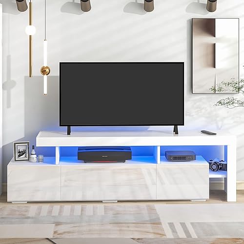 Bellemave Soporte de TV LED UV Centro de entretenimiento de alto brillo con gabinetes y estantes, mesa consola de TV de madera con luz de 16 colores
