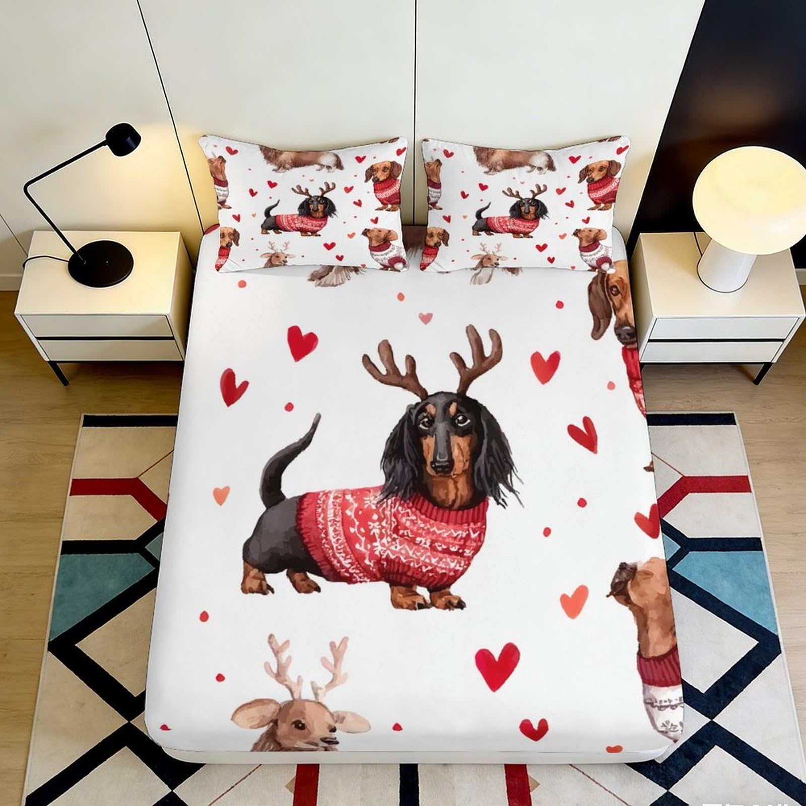 3D Printed Dachshund Dog Fitted Sheet Microfiber Heart Pattern Mattress Cover Anti-Slip for Bedroom Guest Room Decor 200x200x25cm