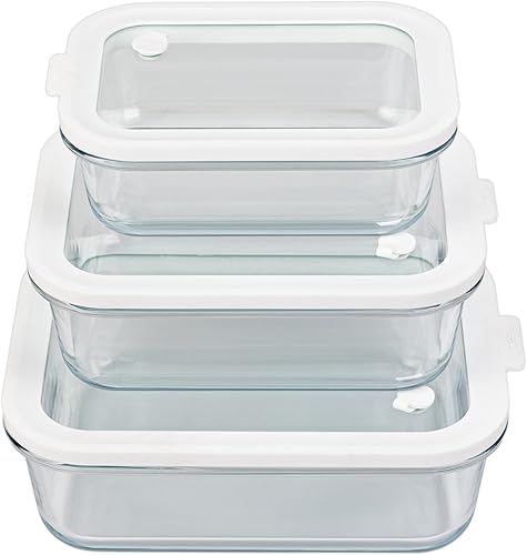 Sio GLASS storage containers with GLASS lids, NO PLASTIC, Set of 3, Airtight Small Medium Large for Food Meal Prep, Silcone Bowl Container (White)