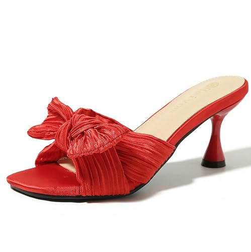 Heiyom Women's Bowknot Low Stilettos Heels Mules Sandals Slip on Pleated Bow Heels Wedding Bridal Party Dress Shoes - 6.5 - Red