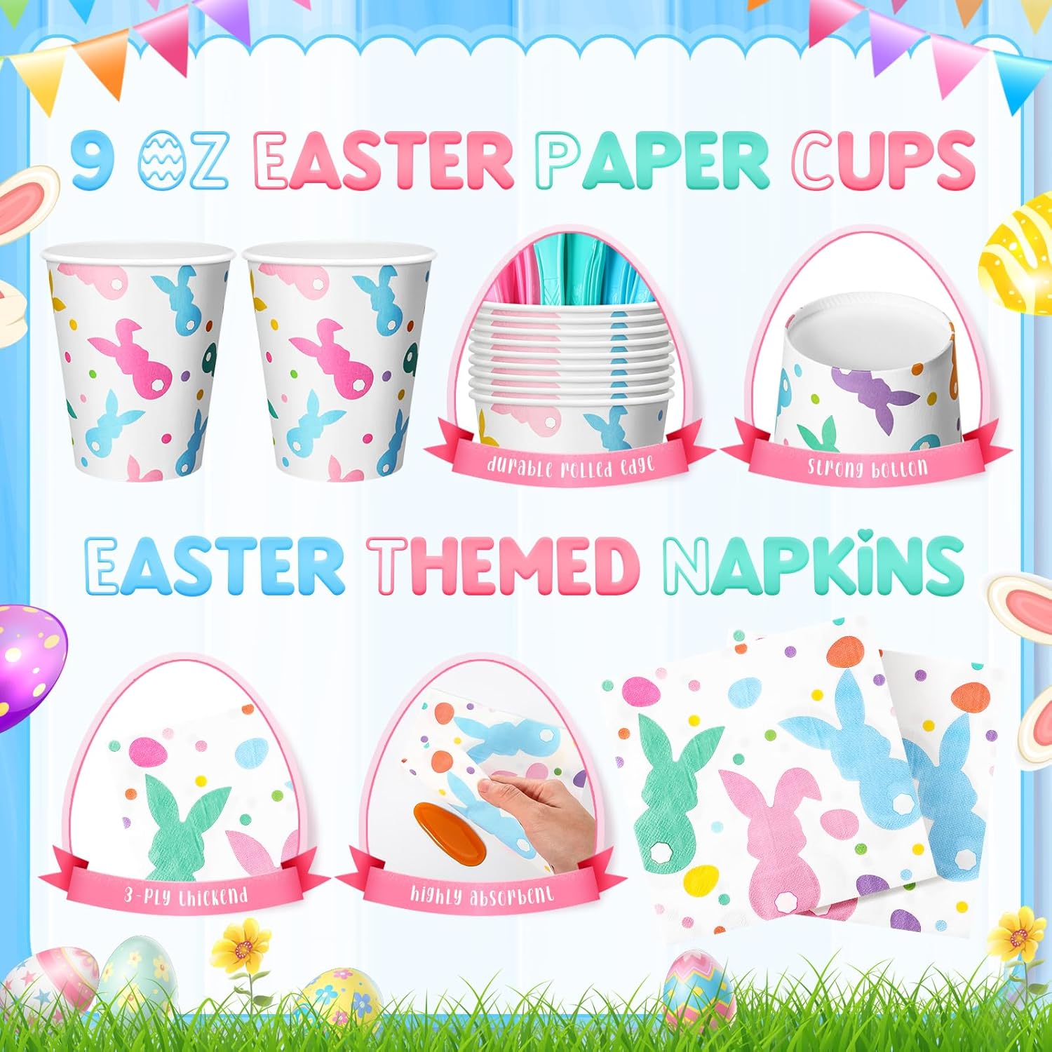 Honeydak 210 Pcs Easter Plates and Napkins Serve 30 Pastel Colorful Bunny 7" and 9" Rabbit Plates Napkins and Forks Tableware for Spring Holiday Easter Party Table Decor Supplies