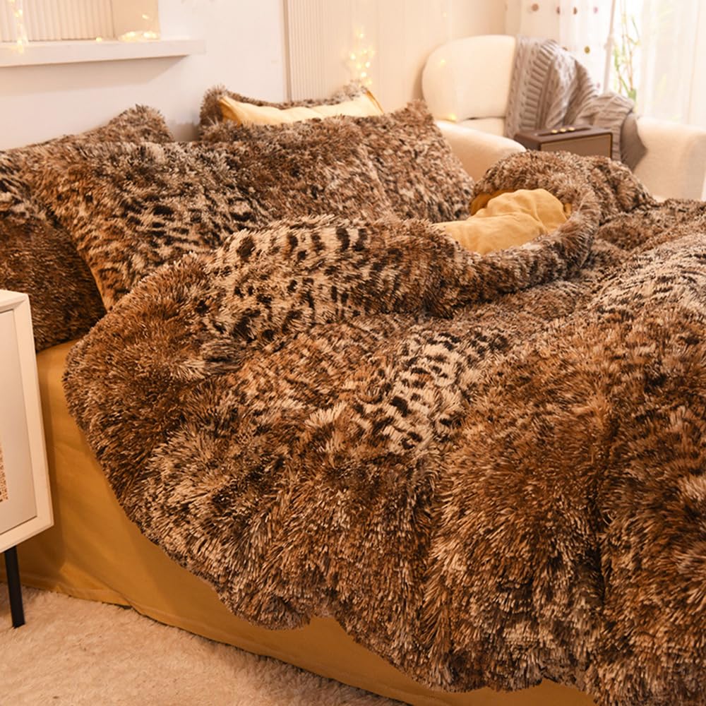 ZIQINPSQ Zotteliges Plüsch-Bettwäsche-Set, Batik-Kunstfell-Bettwäsche für Teenager und Mädchen, weicher Samt, flauschig, Bett-Set (Leopard, Einzelbett)