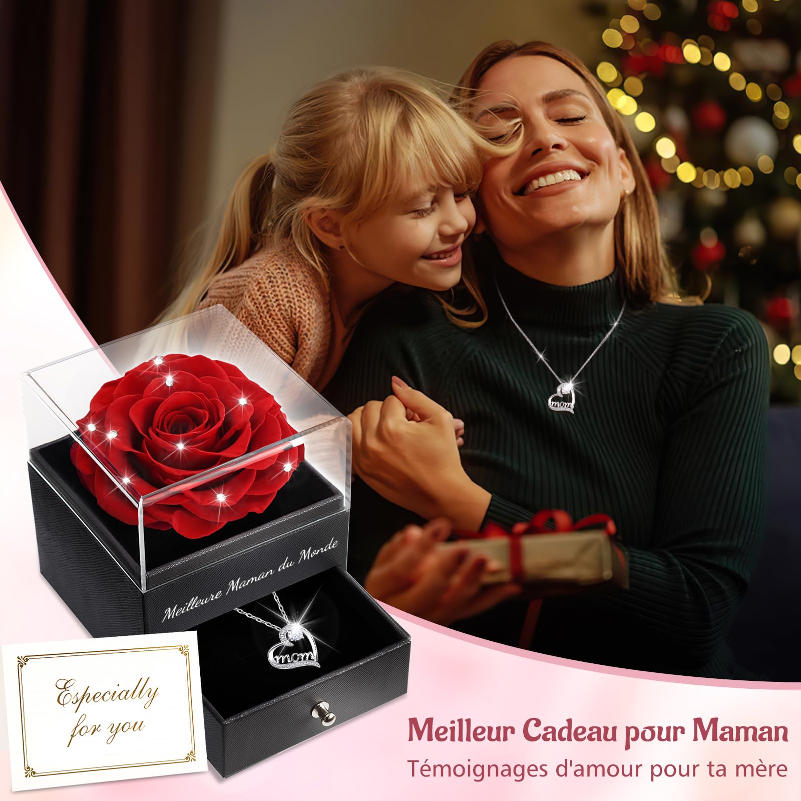 Sunia Cadeau Maman, Rose Eternelle avec Bijoux Argent 925 Collier, Collier Anniversaire Femme, Meilleure Maman du Monde, Coffret Rose Eternelle, Fleur Préservée Cadeau Fete des Meres Noel, Varie Rose