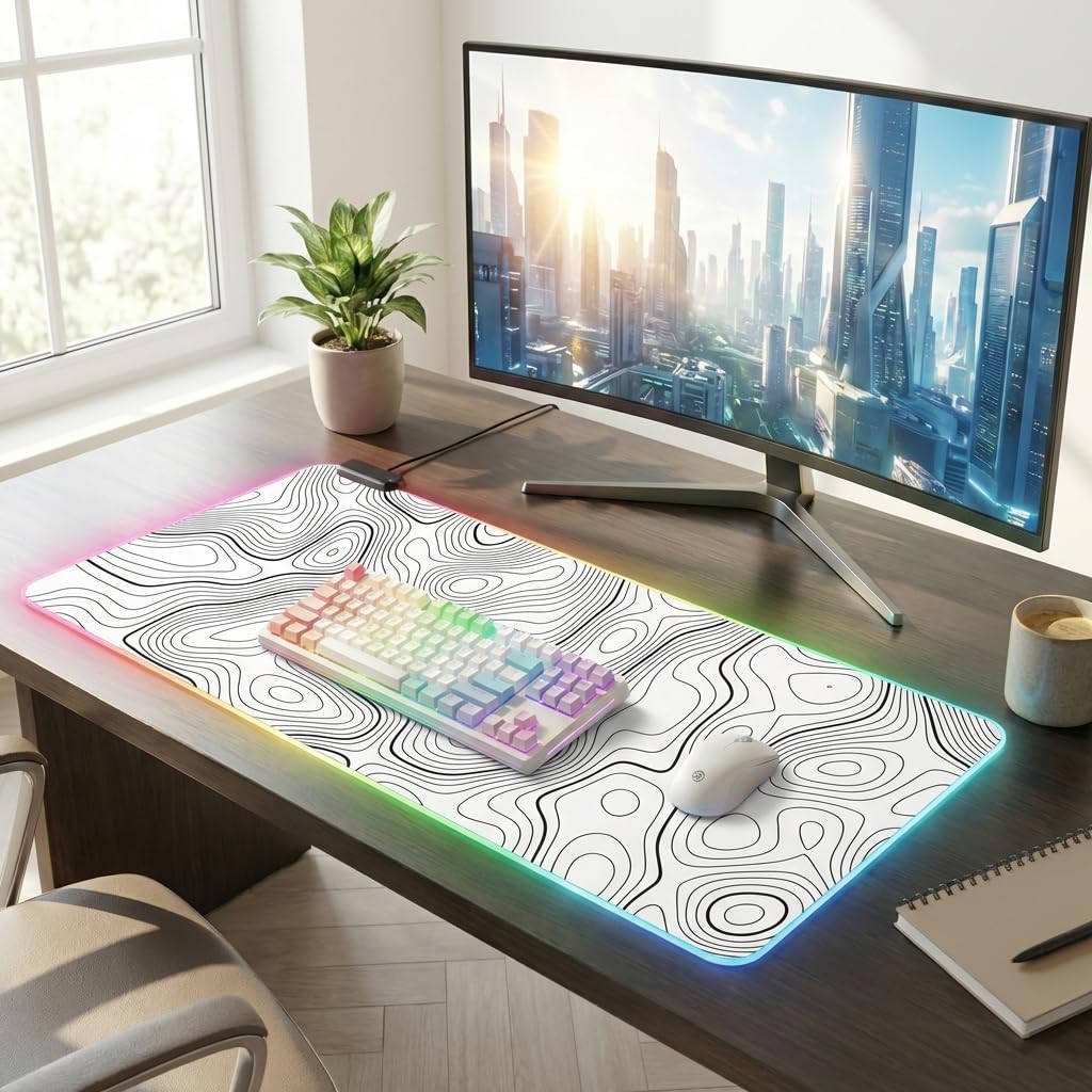 Podkładka pod mysz RGB LED podkładka na biurko duża gamingowa podkładka pod mysz biała z czarnym wzorem topograficznym linii, podkładka pod klawiaturę XL podkładka pod mysz do domu i biura (biała z