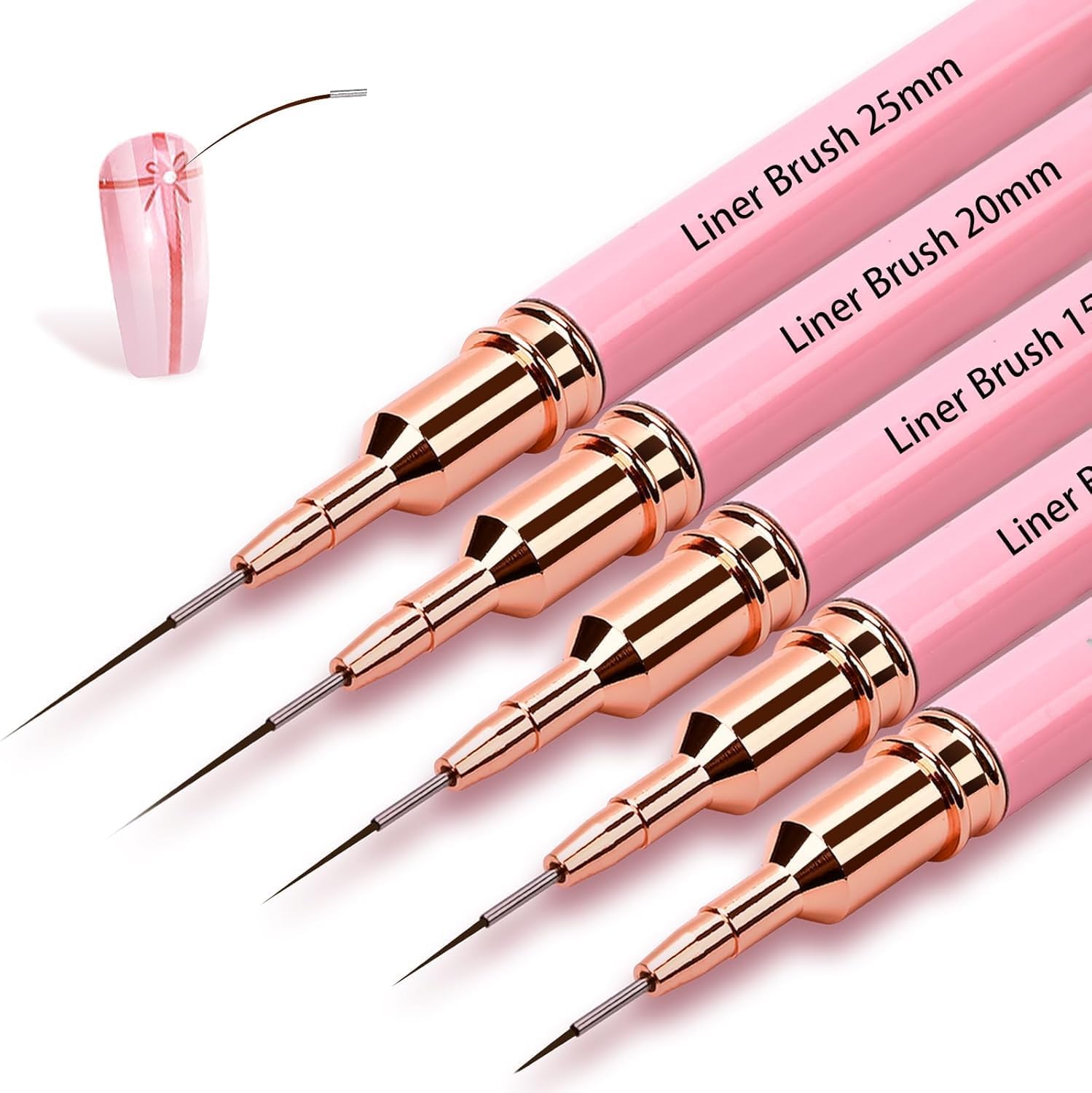 NAILWIND Nail Art Liner Brushes, 5 Pcs Painting Nail Art Brush Set Nail Dotting Drawing Tool for Long Lines, Thin Details, Fine Drawing Striping Brush for Home Use Professional Nail Salon (Multi-colored, 6/9/12/15/18 mm)