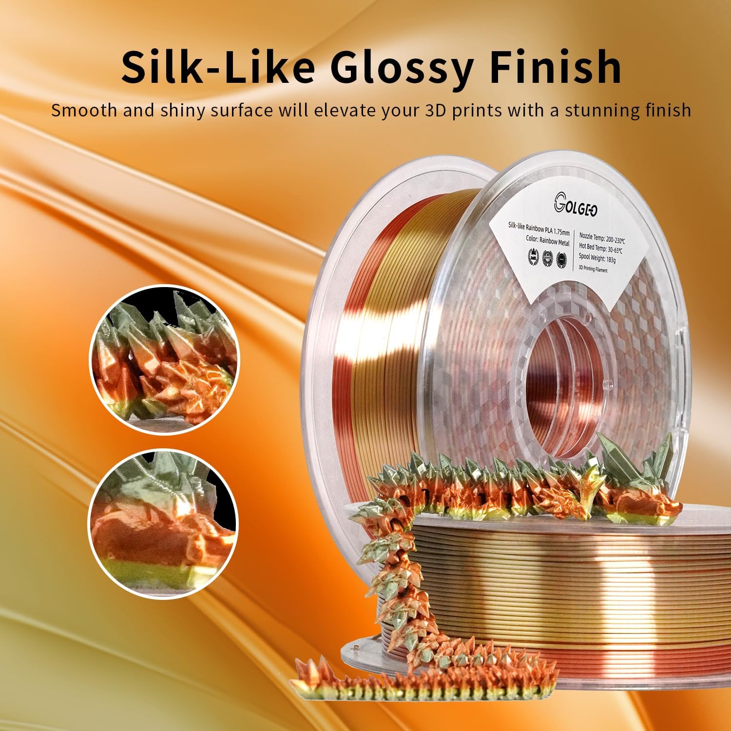 Silk PLA 3D Printer Filament 1.75mm, Multicolor Rainbow PLA Filament, Gradient Metalltic Color Change PLA 3D Printing Filament,Fit Most FDM 3D Printer,Rainbow Metal 1kg (2.2lbs)/Spool