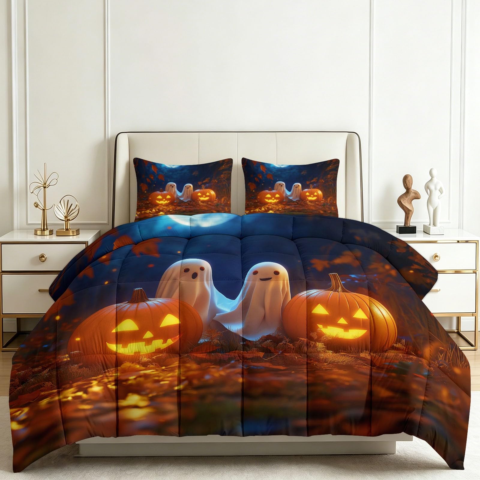 Generico Poszewka na kołdrę 4 pory roku, 3-częściowy zestaw do spania 135 x 200 cm Halloween małe śliczne skarpetki dynie miękka kołdra z mikrofibry, koc zimowy i letni dla dorosłych, dzieci