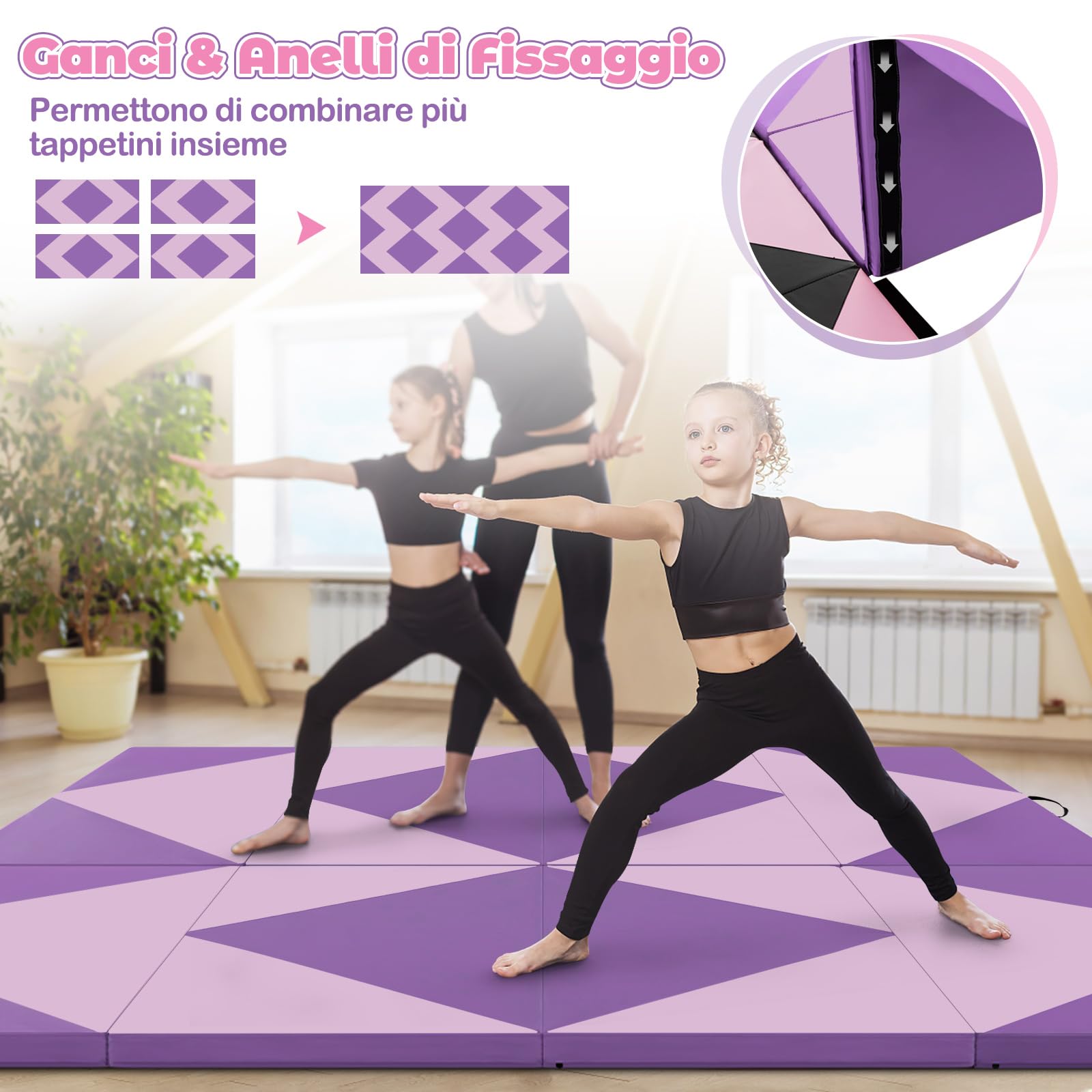 GYMAX Tappetino da Ginnastica Pieghevole, 240 x 117 x 5 cm Materassino da Allenamento Portatile Spesso 5 cm, con Imbottitura Impermeabile e Manici, per Indoor Outdoor Palestre Casa