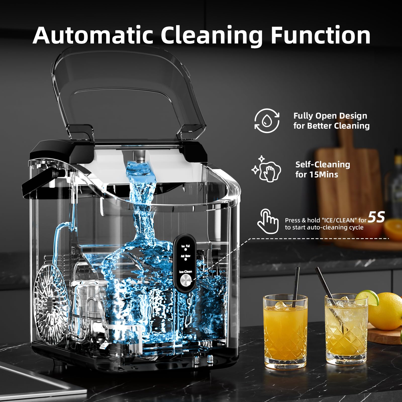 Nugget Countertop Ice Maker With Soft Chewable Pellet Ice, Automatic 34lbs/24h,Pebble Portable Ice Machine With Ice Scoop, Self-Cleaning, One-Click Operation, For Kitchen,Office, Bar(Highlight Black) on Fridge.com - View 6