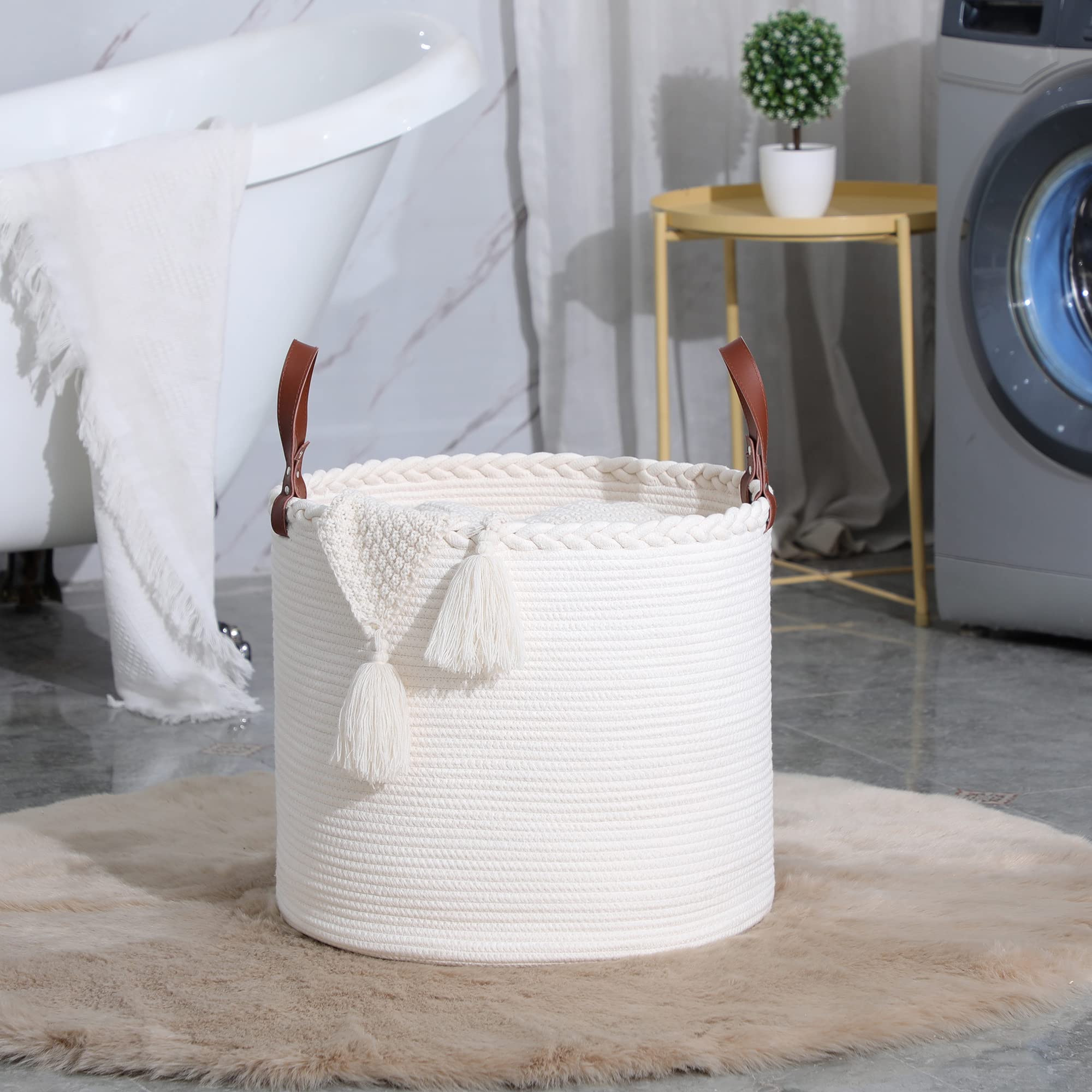 KAKAMAY Large Cotton Rope Blanket Basket - White -8