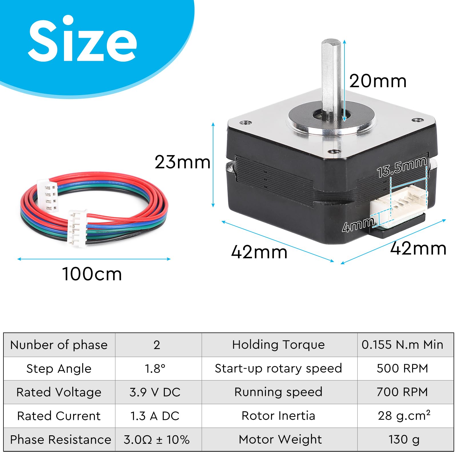 EFUTURETIME 3pcs Motore Passo-Passo Nema 17 42-23, 16 Ncm 1.8° per Giro, 3,6 V/1A 2 Fasi 4 Fili con 1m Cavo per Motori di Stampanti 3D, Fresatrici CNC, Bracci Robotici e Incisori Laser