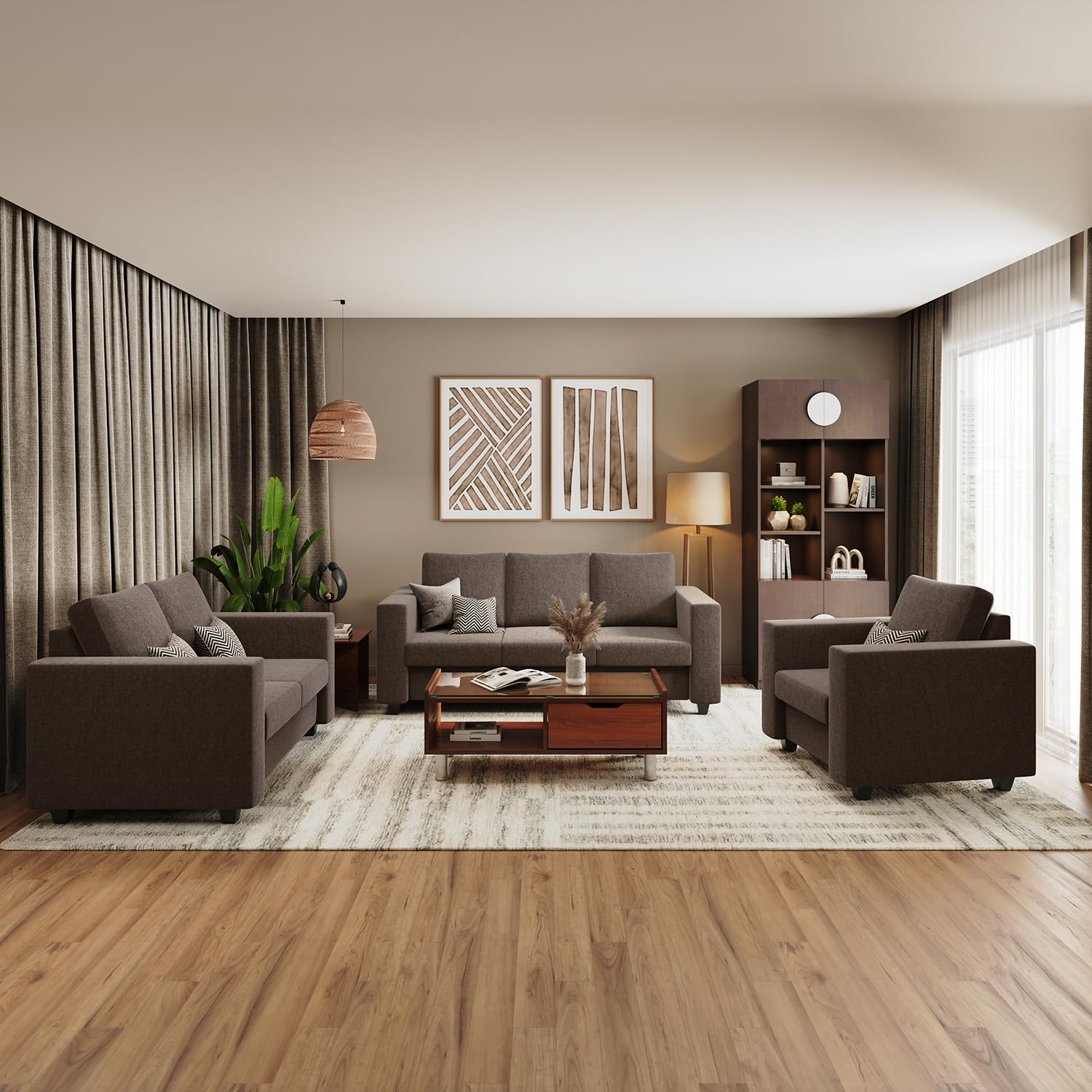 GODREJ INTERIO Sofa Magnate 6 Seater Fabric Sofa Set (3+2+1) for Living Room, 1-Year Warranty, Solid Wood, Brown-image-26