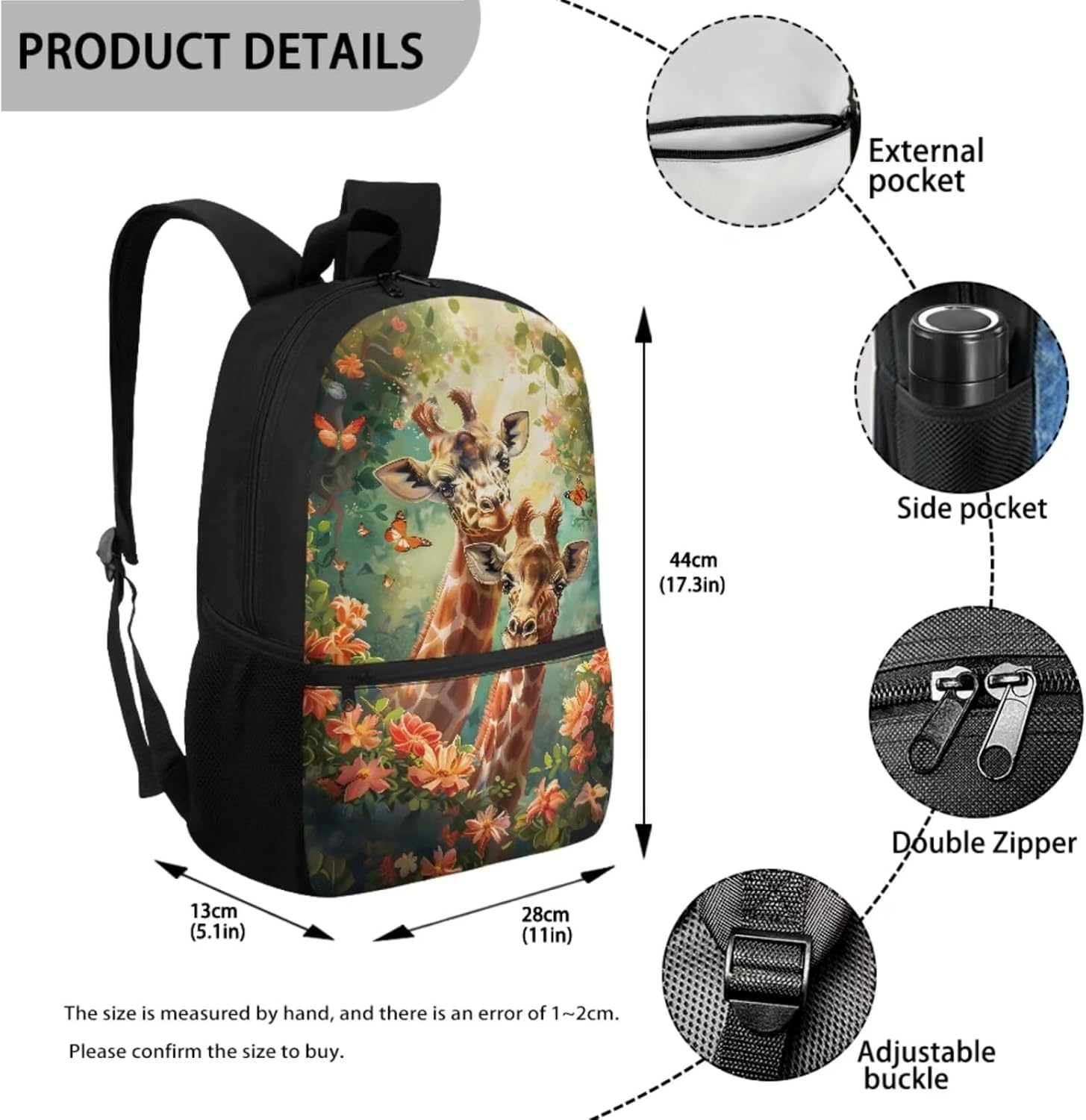 Retro Floral Giraffe Butterfly Print Schoolbag Set Large Capacity Bookbag Lunch Box Pencil Case Girls 17 Inch Travel Backpacks Rucksack Daypack with Adjustable Straps