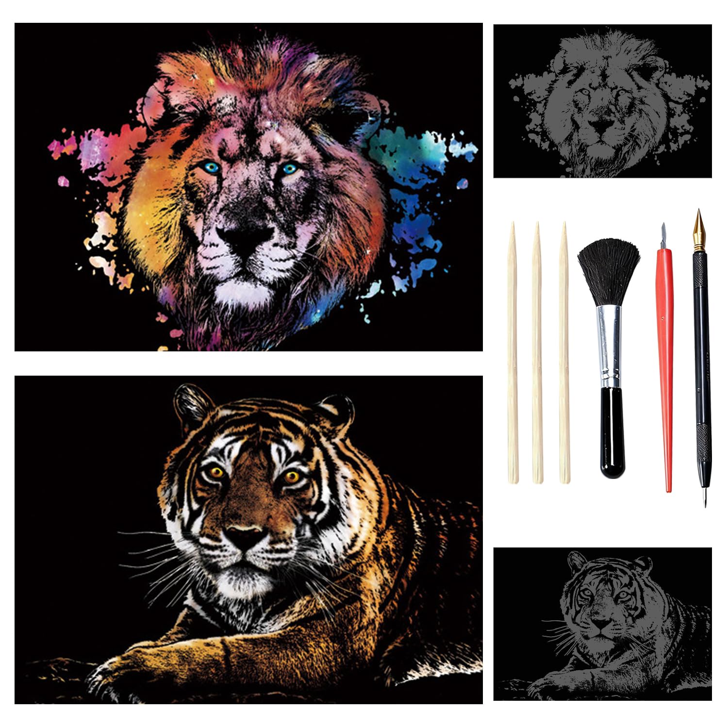 HIVTE 2 Pcs Scratch Art for Adults & Kids, DIY Animal Series Foil Engraving Crafts with Tools (A3-Lion King & Tiger)