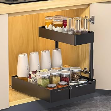 Under Sink Organiser,2 Tier Pull Out Cabinet Organiser,Height Adjustable Out Cabinet Drawer,Multi-Purpose Slide Out Storage Shelves for Home,Kitchen,Bathroom White Black