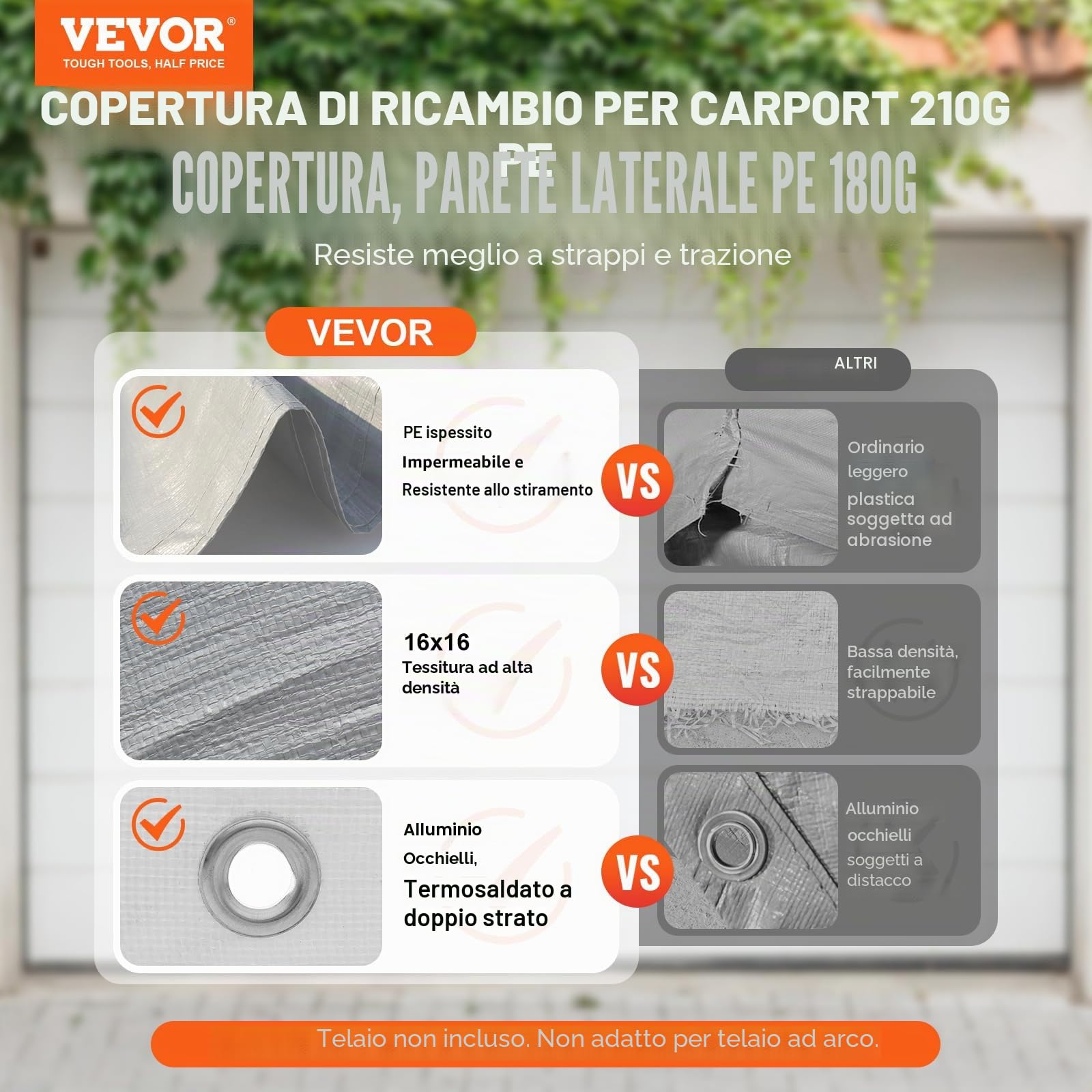 VEVOR Tendalino di ricambio per posto auto coperto parete laterale 10x20ft, impermeabile e protetto dai raggi UV, bianco (telaio non incluso)