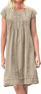 Women's Cotton Linen Pleated Midi Dresses Casual Round Neck Shift Dress Short Sleeve Beach Vacation Sundress