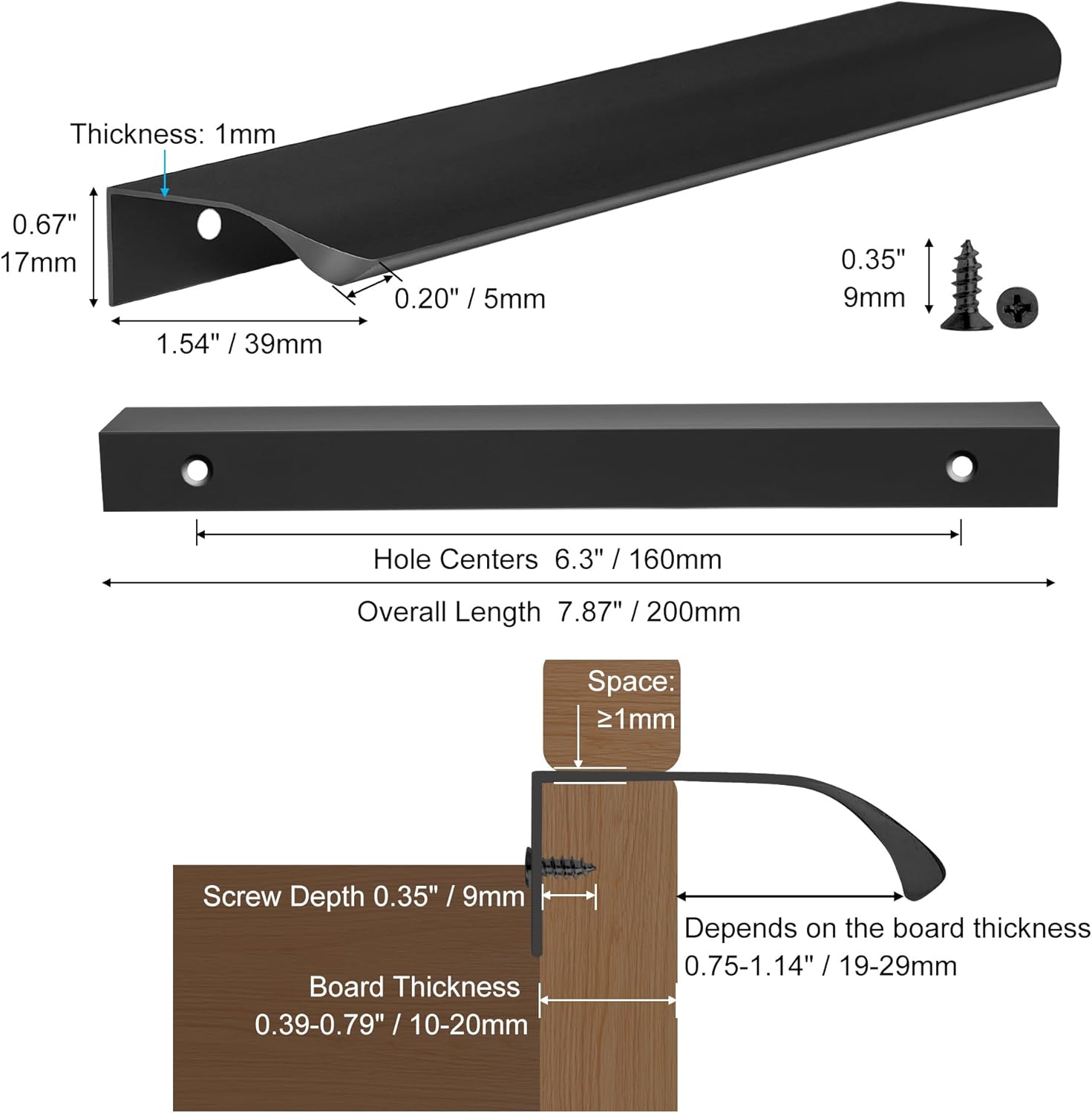 Malimali 10 Pack Black Finger Edge Pulls for Cabinets Wardrobes 7.87" Drawer Pulls Kitchen Cabinet Handles Modern Aluminum Concealed Tab Pulls for Closet Door, Matte Black