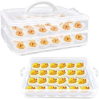 Cmaqpw 2 Layers Deviled Egg Containers with Lid,48 Slots Deviled Eggs Holder with Handle,Plastic Egg Tray,Portable Egg Storage Carrier Platter for Easter,Thanksgiving Day,Party,Picnic