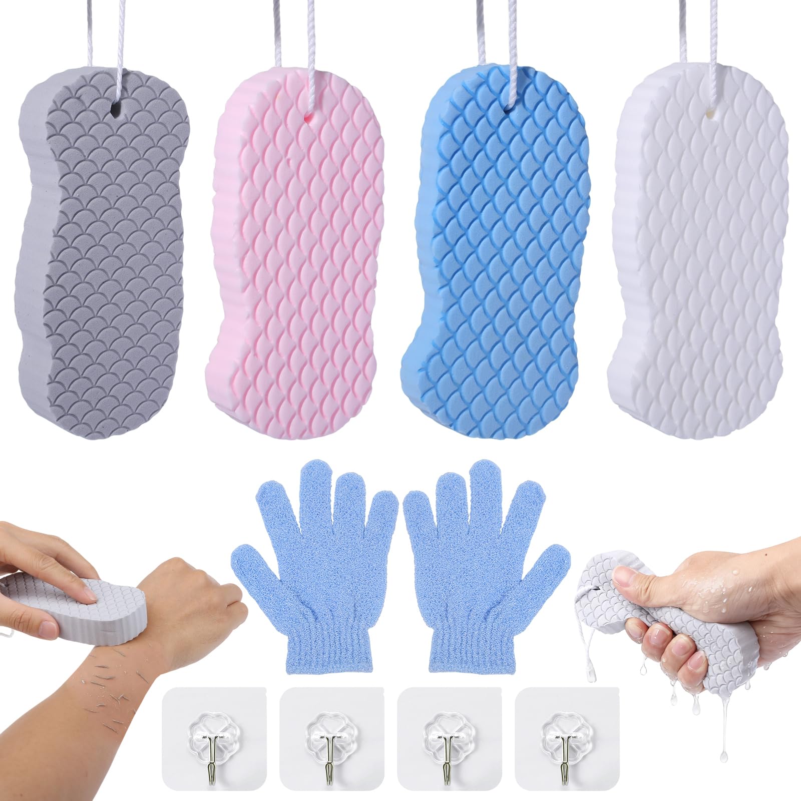Gąbka do kąpieli peelingująca, 4 sztuki, ultra miękka gąbka do kąpieli, delikatny peeling, z rękawiczkami kąpielowymi i 4 haczykami, peeling wielokrotnego użytku, dla dorosłych, dzieci i kobiet