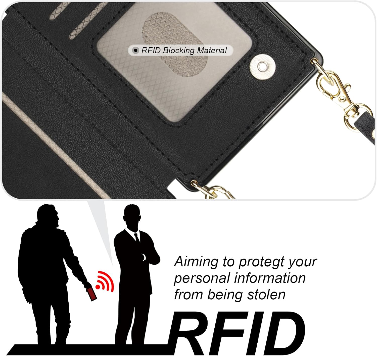 Bocasal Crossbody Wallet Case for iPhone 16 with RFID Blocking Card Slot Holder, Magnetic Flip Folio Purse Case, PU Leather Zipper Handbag with Detachable Lanyard Strap 6.1 Inch 5G (Black) - Image 4